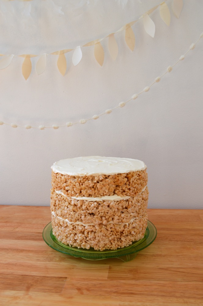 Assemble layers of rice krispie treats with frosting in between each.