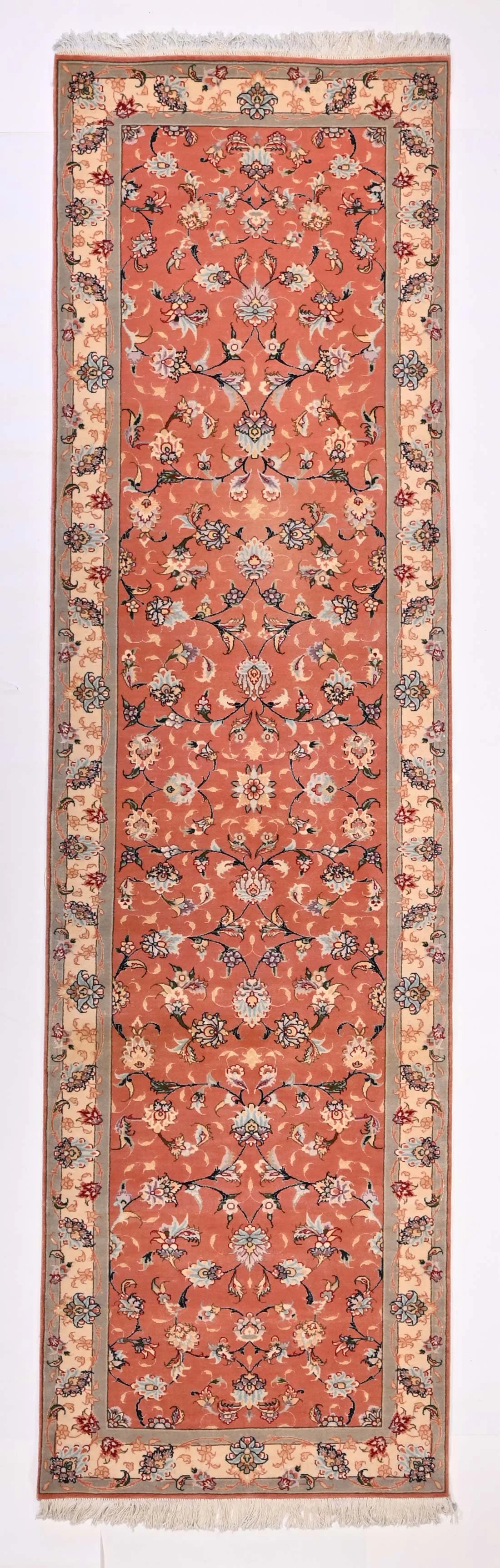 Tabriz wool and silk runner 66227, 300 × 83 cm, with an intricate floral design on a coral field and a cream floral border.