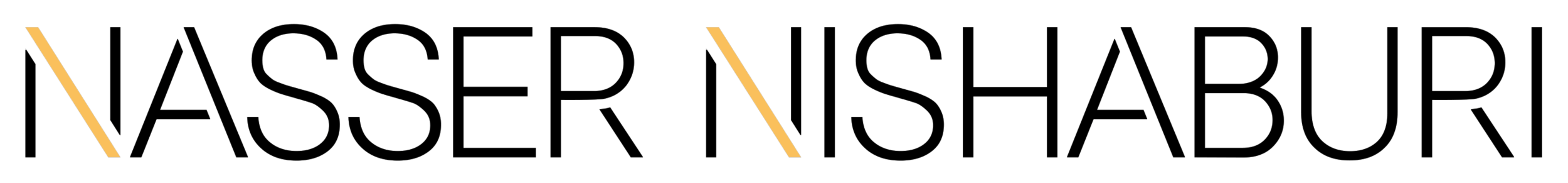 The image displays the phrase 'NASSER NISHABUR' in a stylised font with orange diagonal lines cutting through the text on a black background.