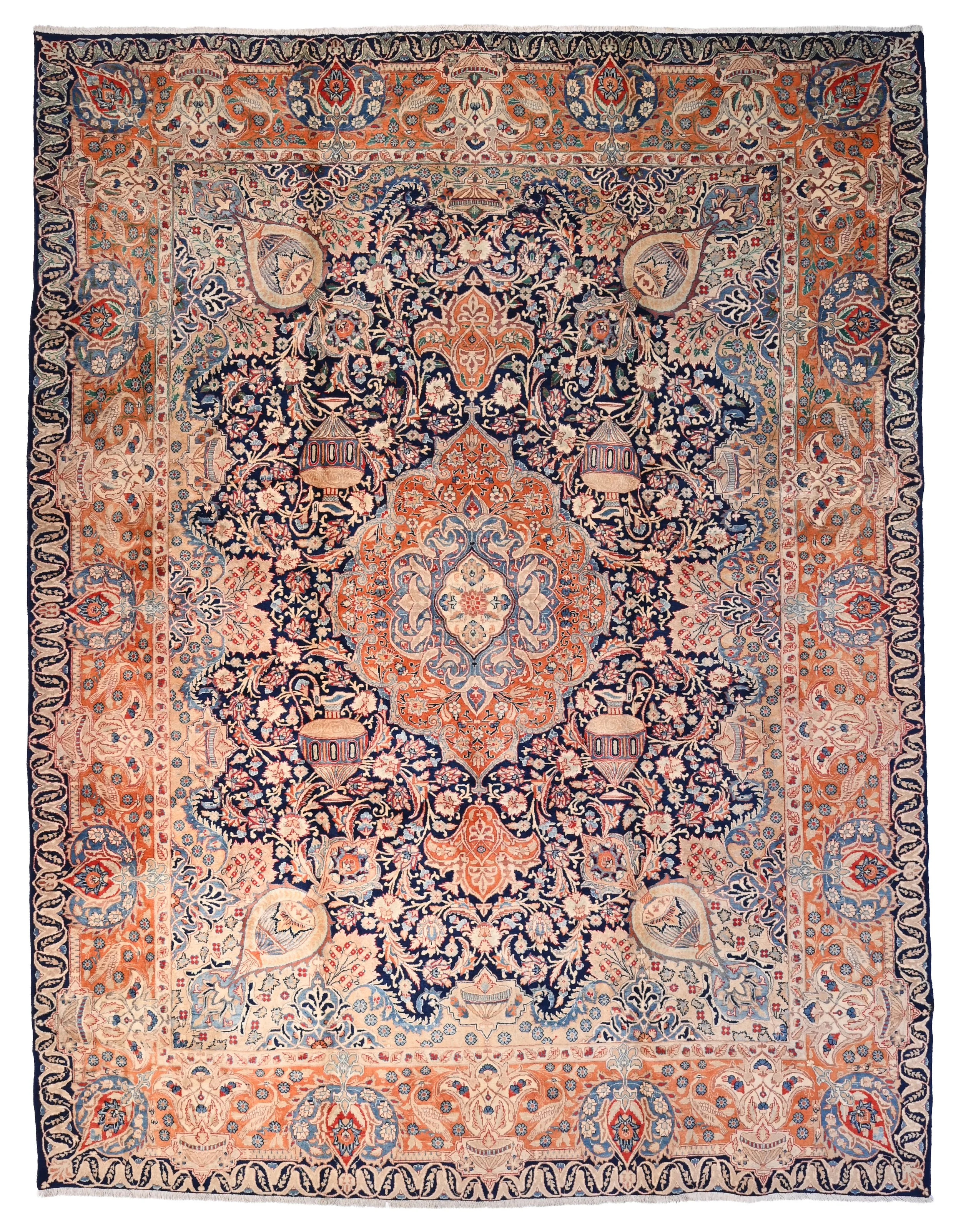 Kashmar carpet 70797, 389 by 300 cm, with autumnal colours and an intricate Zirkhaki design.