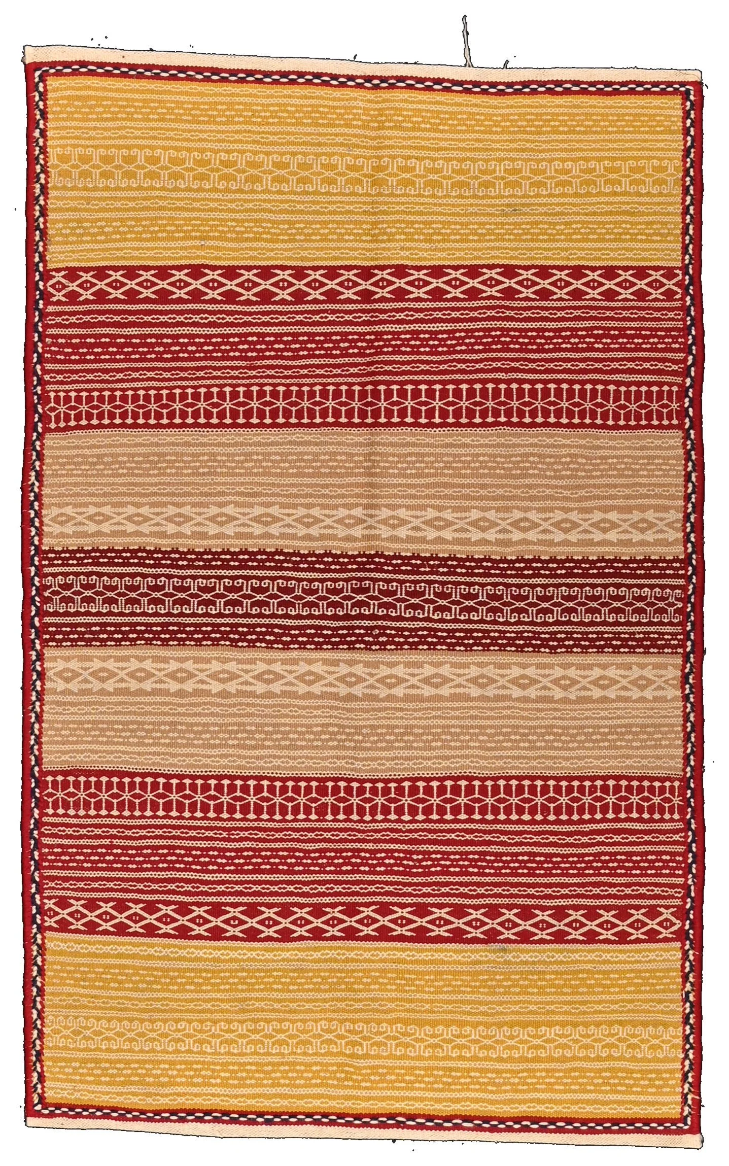 Kalat-e Naderi sumak 167880, 157 × 98 cm, with fine ivory geometric motifs across golden yellow, deep red and beige stripes.