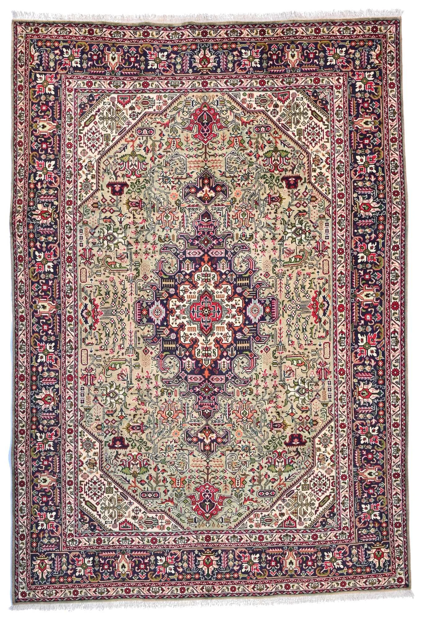 Azar Shahr, Tabriz rug 164388, 200 × 294 cm, circa 1950s, with a pale field, dark central medallion and intricate geometric and floral motifs.