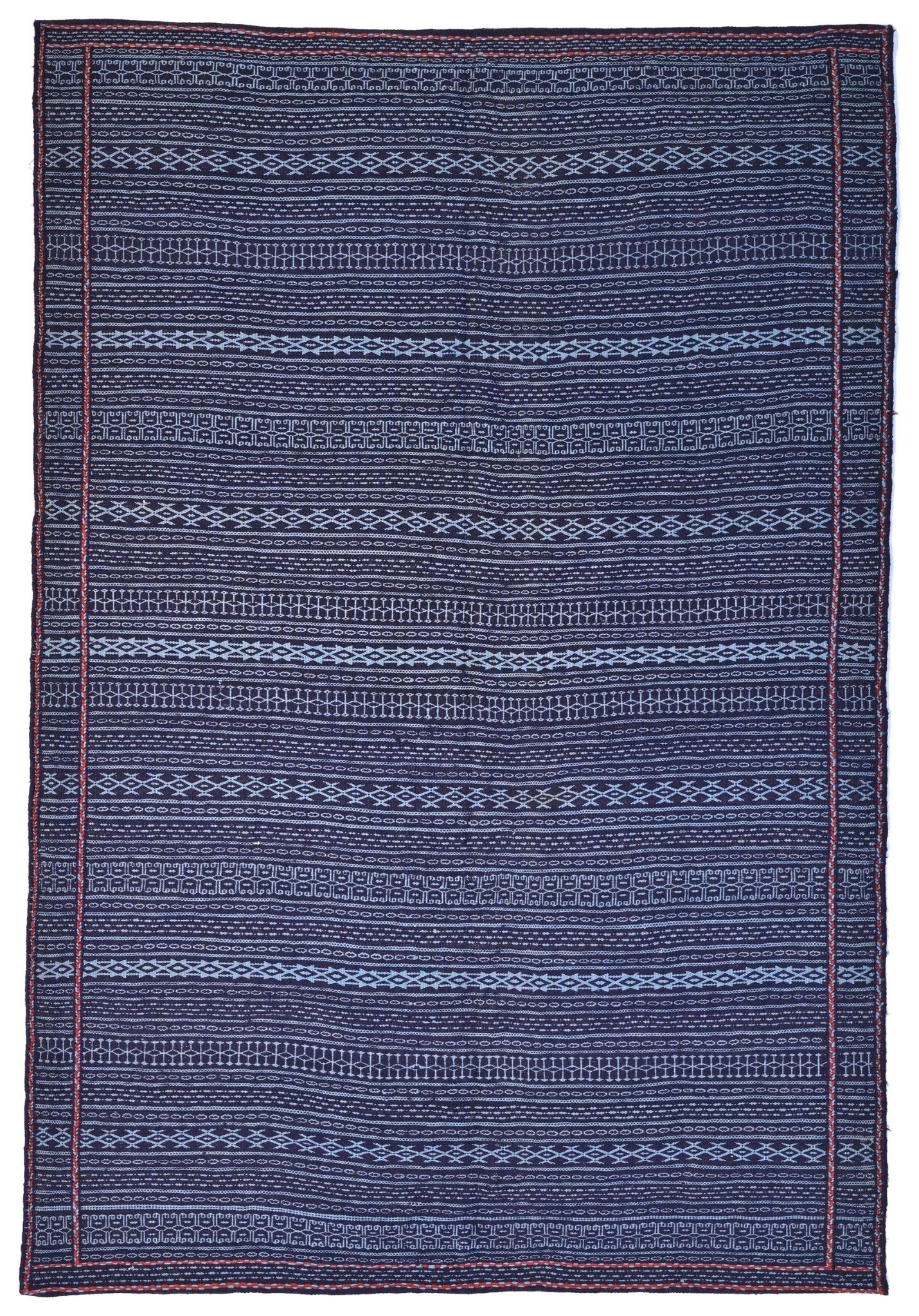 Contemporary Kalat sumak 167887, 250 × 167 cm, with pale blue geometric stripes on a deep blue ground and fine red border accents.