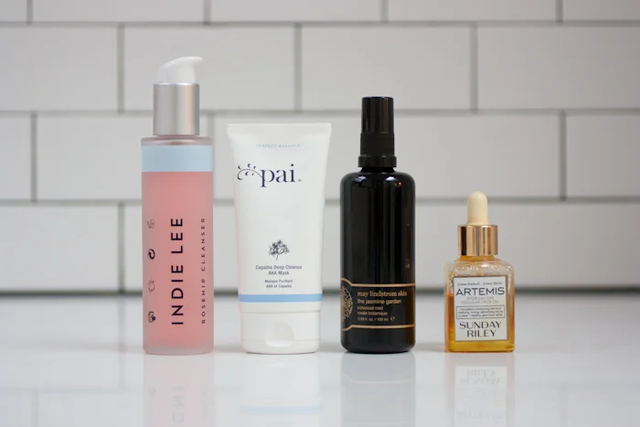 LEFT TO RIGHT: Indie Lee Rosehip Cleanser, PAI Copaiba Deep Cleanse AHA Mask, May Lindstrom Skin The Jasmine Garden Botanical Mist, Sunday Riley Artemis Face Oil