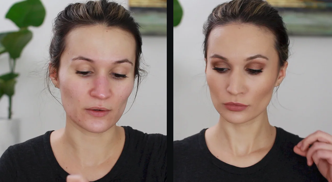 left - skin before foundation // right - after, with foundation and rest of face makeup, no setting powder