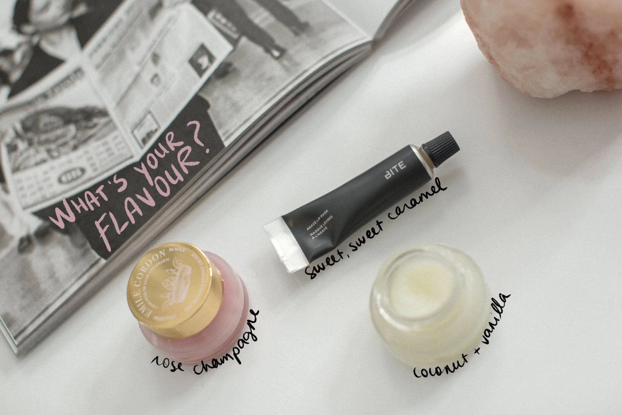Emile Cordon Cashmere-On Lip Pots in "Coco" and "Lisa", Bite Beauty Agave Lip Mask