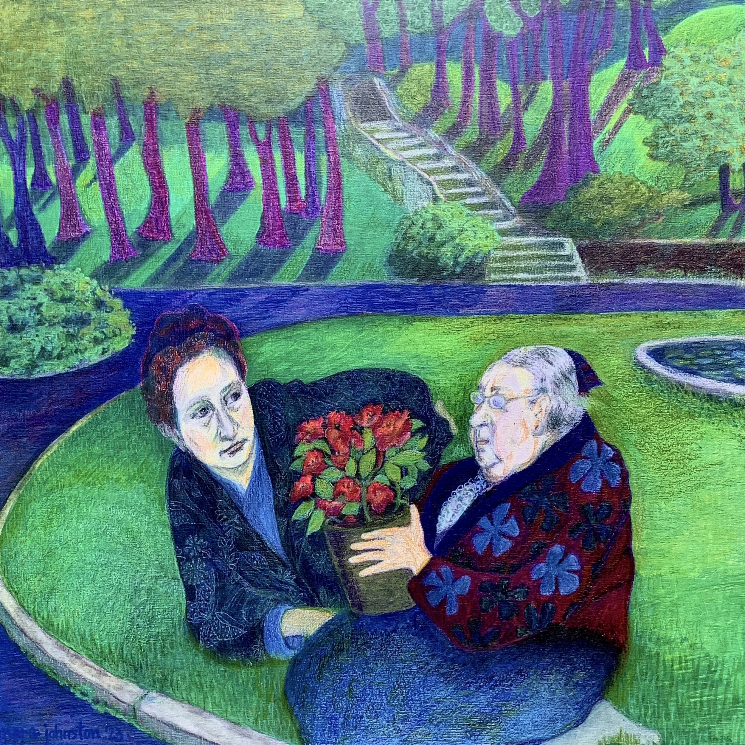 Two Gertrudes, the imagined meeting of Gertrude “a rose is a rose is a rose” Stein and Gertrude Jekyll, a premier influence in UK and US garden design.