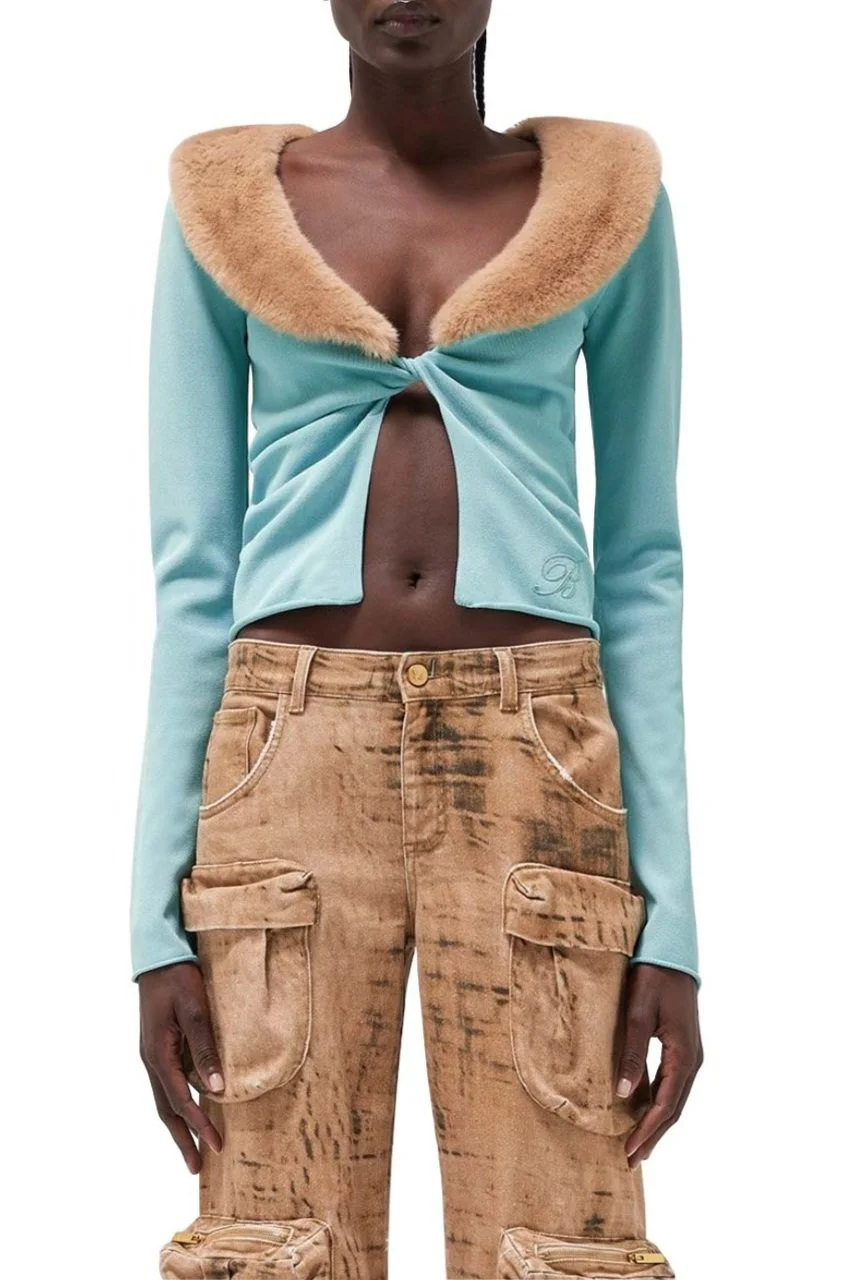 BLUMARINE Twisted Eco-Fur Collar Cardigan