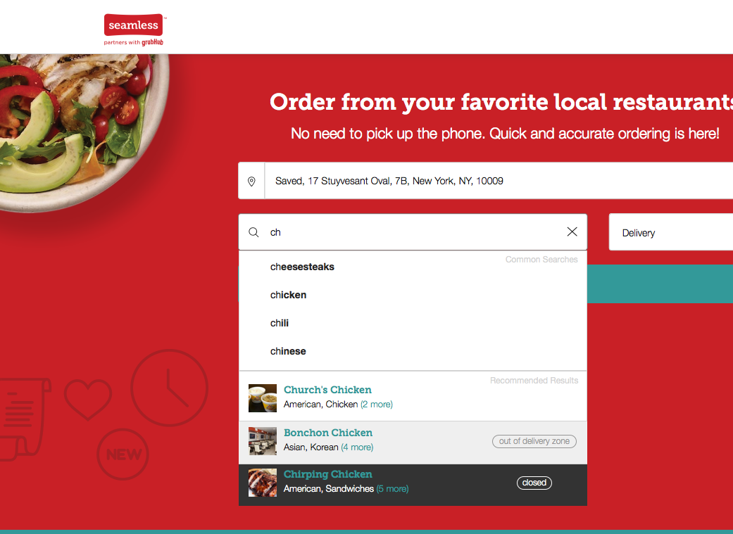 A test of sectioning, color, and restaurant result types (out of delivery zone, closed)