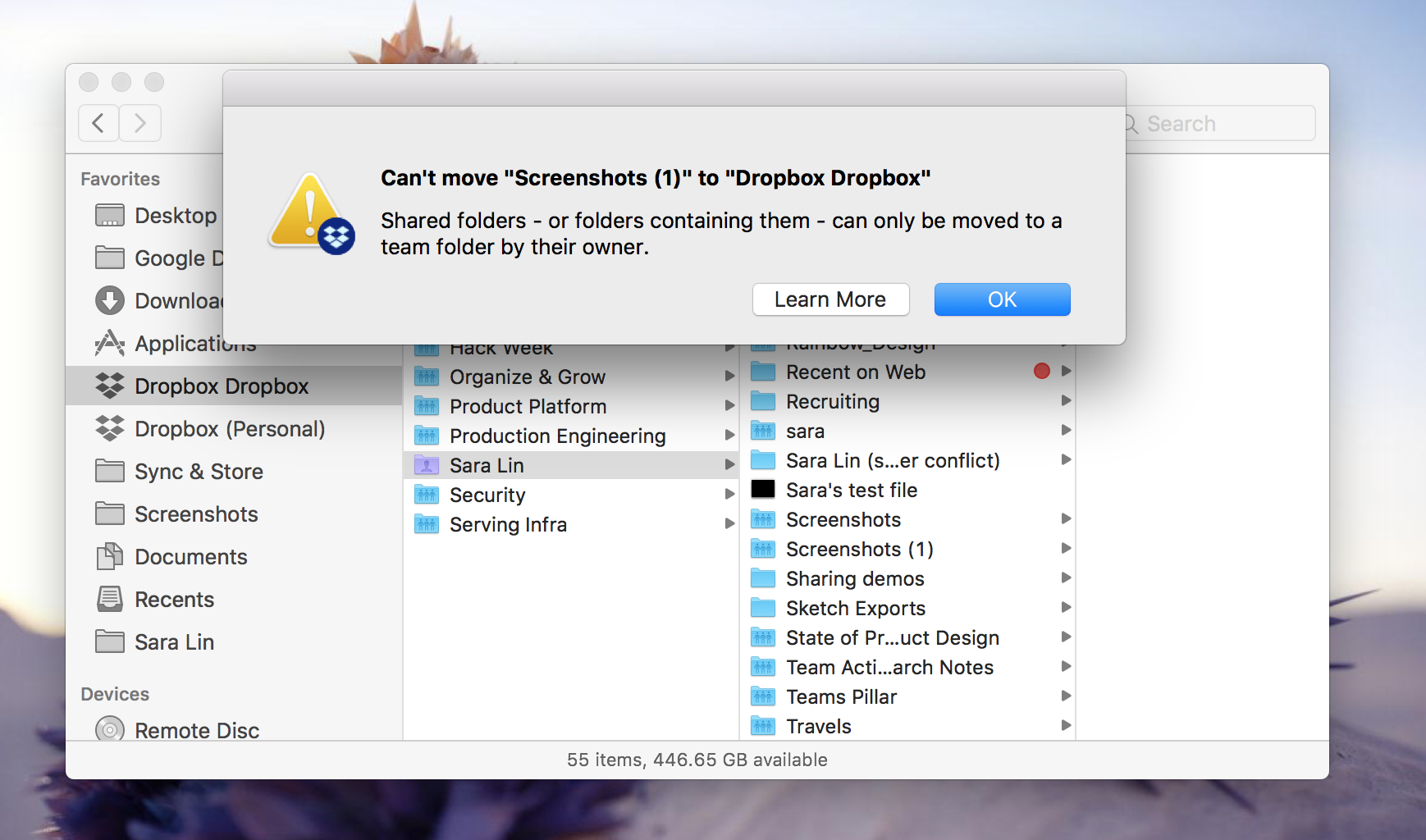 Desktop file system warning shown when attempting an ownership-changing move