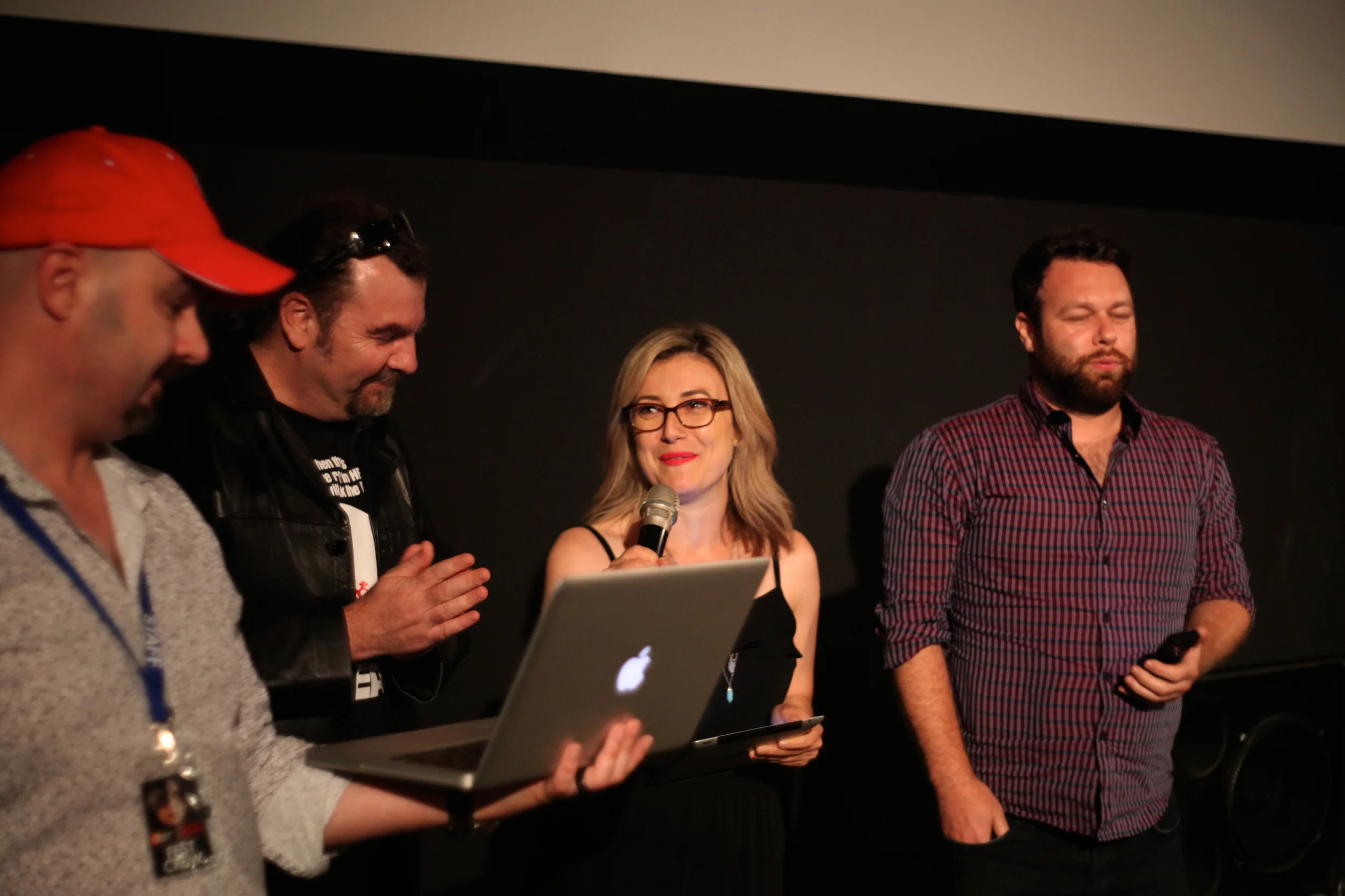 (Left to Right) Festival Director Dean Bertram, and A Night of Horror screenplay judges, Anthony Egan, Raquelle David, and Christopher Moriarty.)