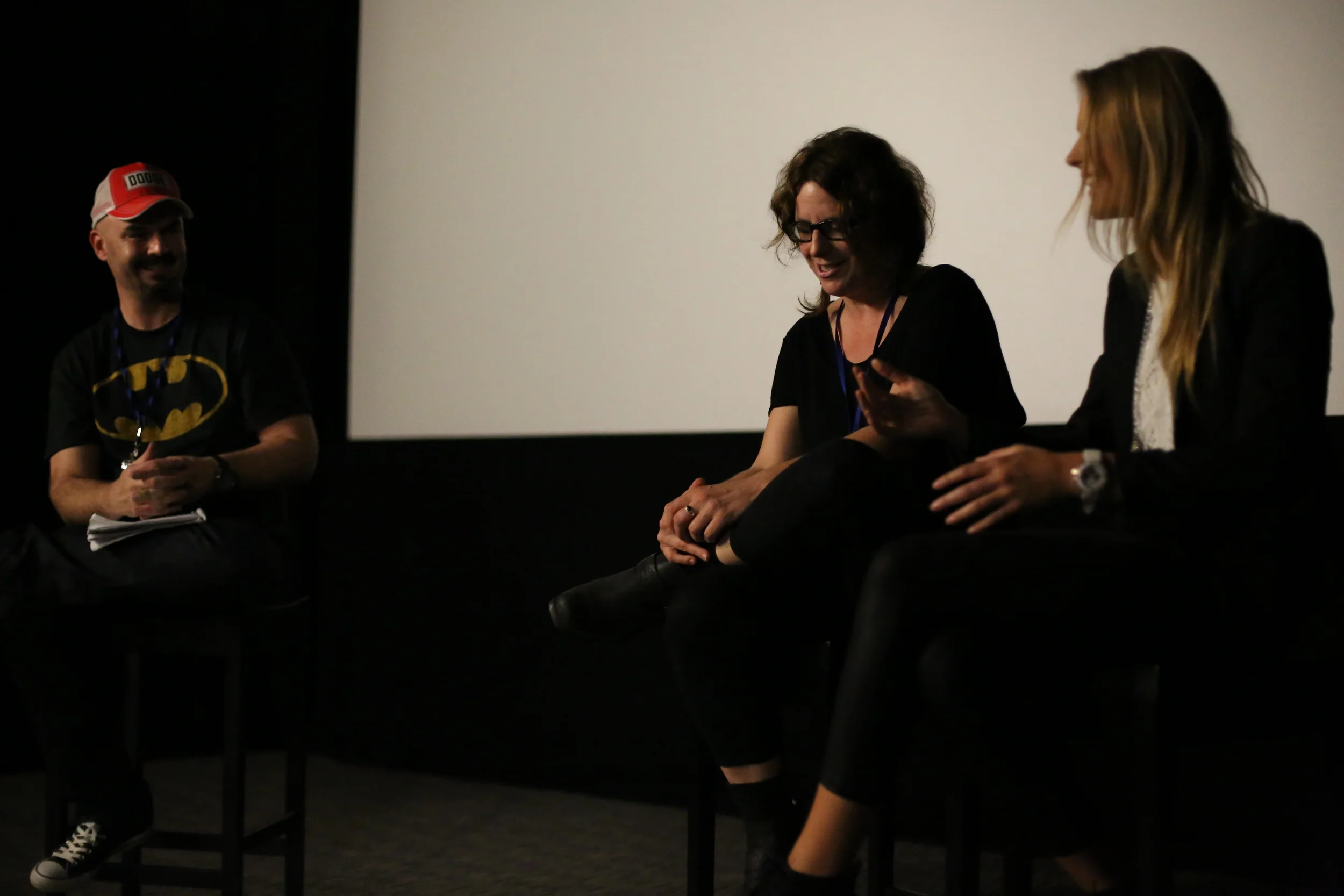 Festival director Dean Bertram (left), with Ursula Dabrowsky (centre) and Sarah Jeavons (right) enjoying the Q&A that followed the world premiere of INNER DEMON.