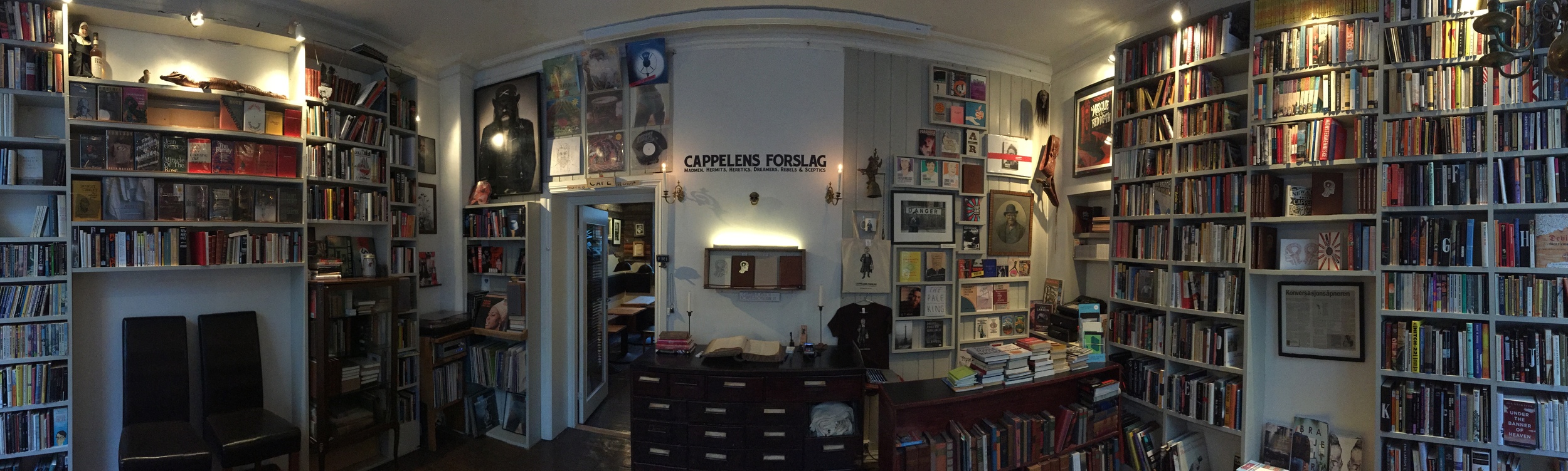 Cappelens Forslag bookstore. The name is an untranslatable pun; remove the two S's from the name and it's identical with the name of one of Norway's biggest publishers. With the S's the name translates to "Cappelen's Suggestion".