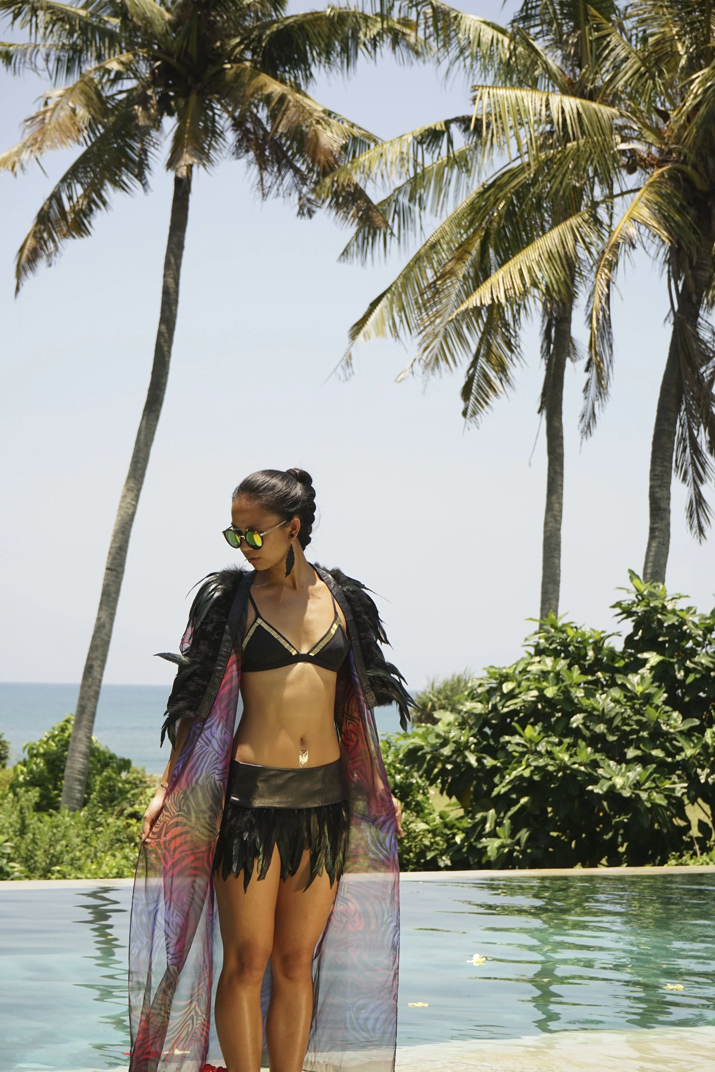 Sheer rainbow zebra festival kimono with black feathers and leather trim