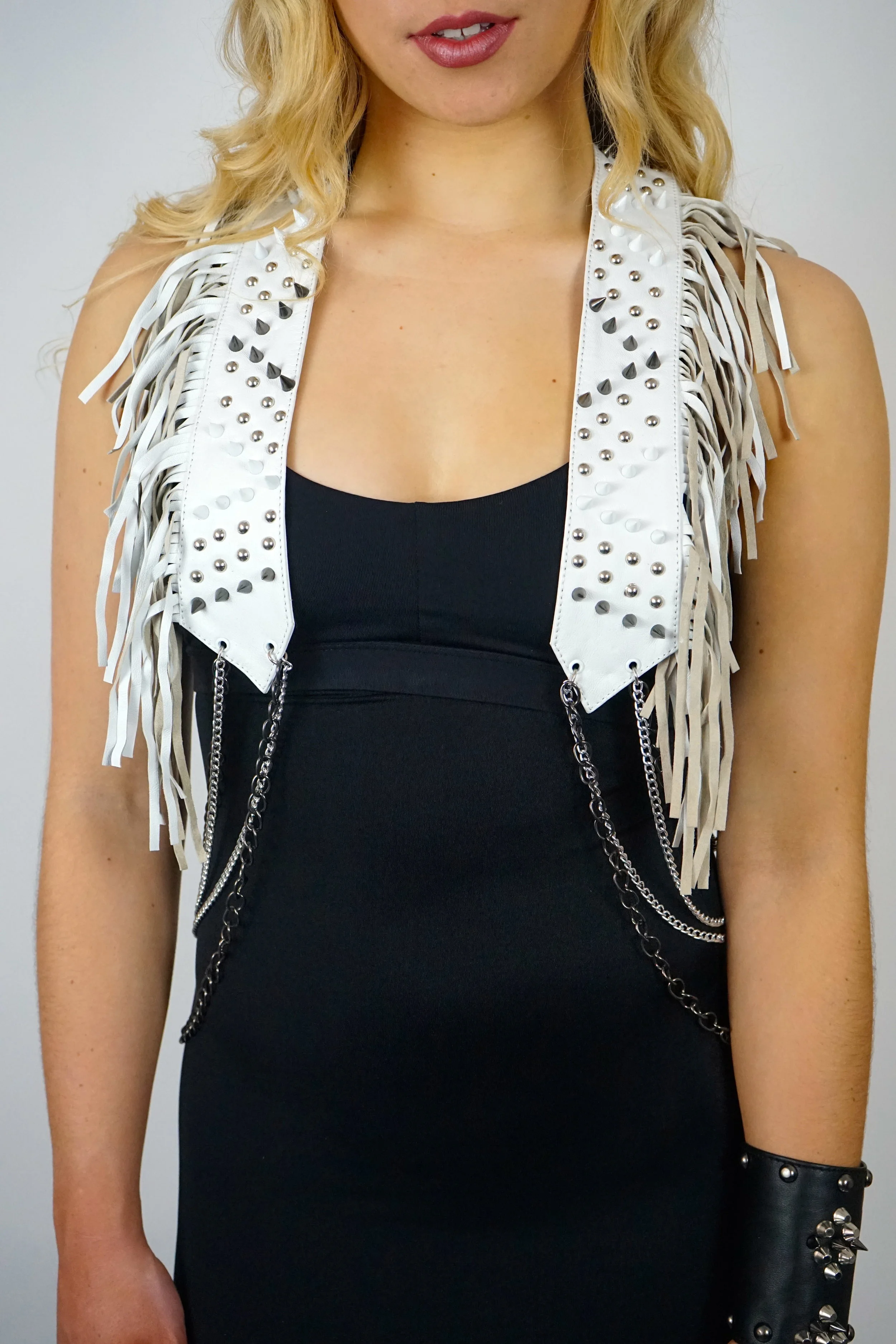 boho chic style studded White leather vest with fringe and silver body chains
