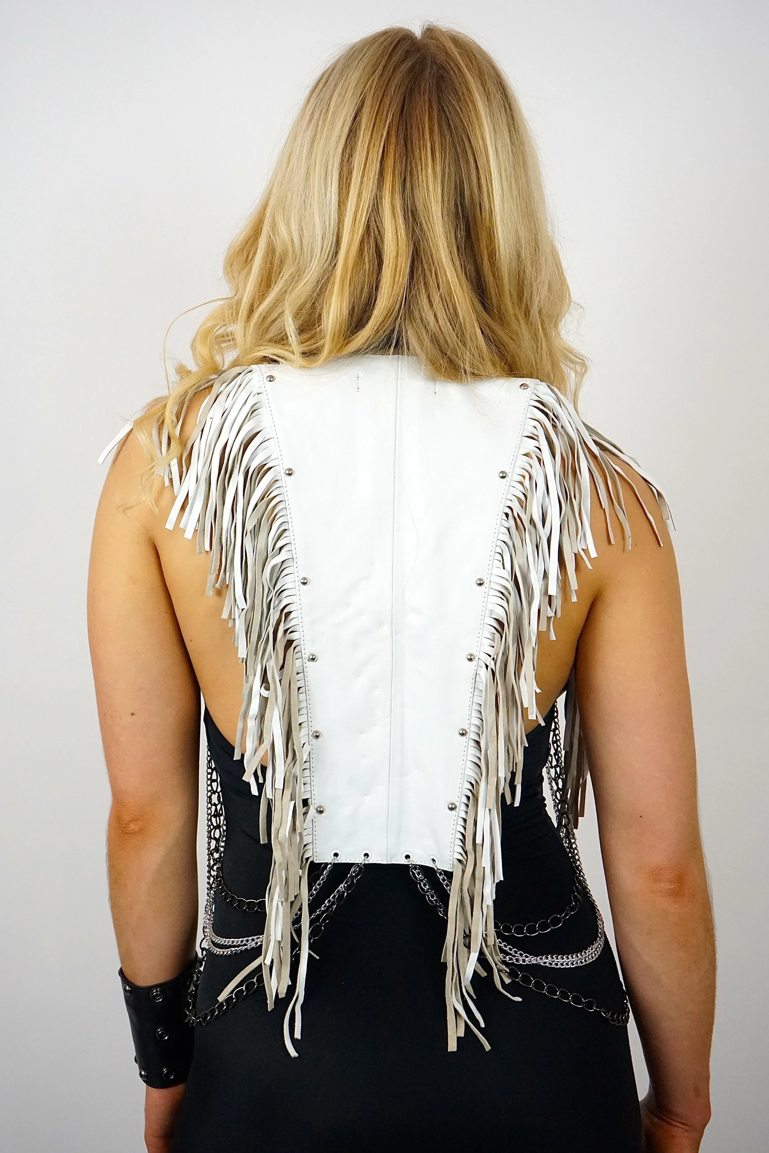 boho chic style studded White leather vest with fringe and silver body chains