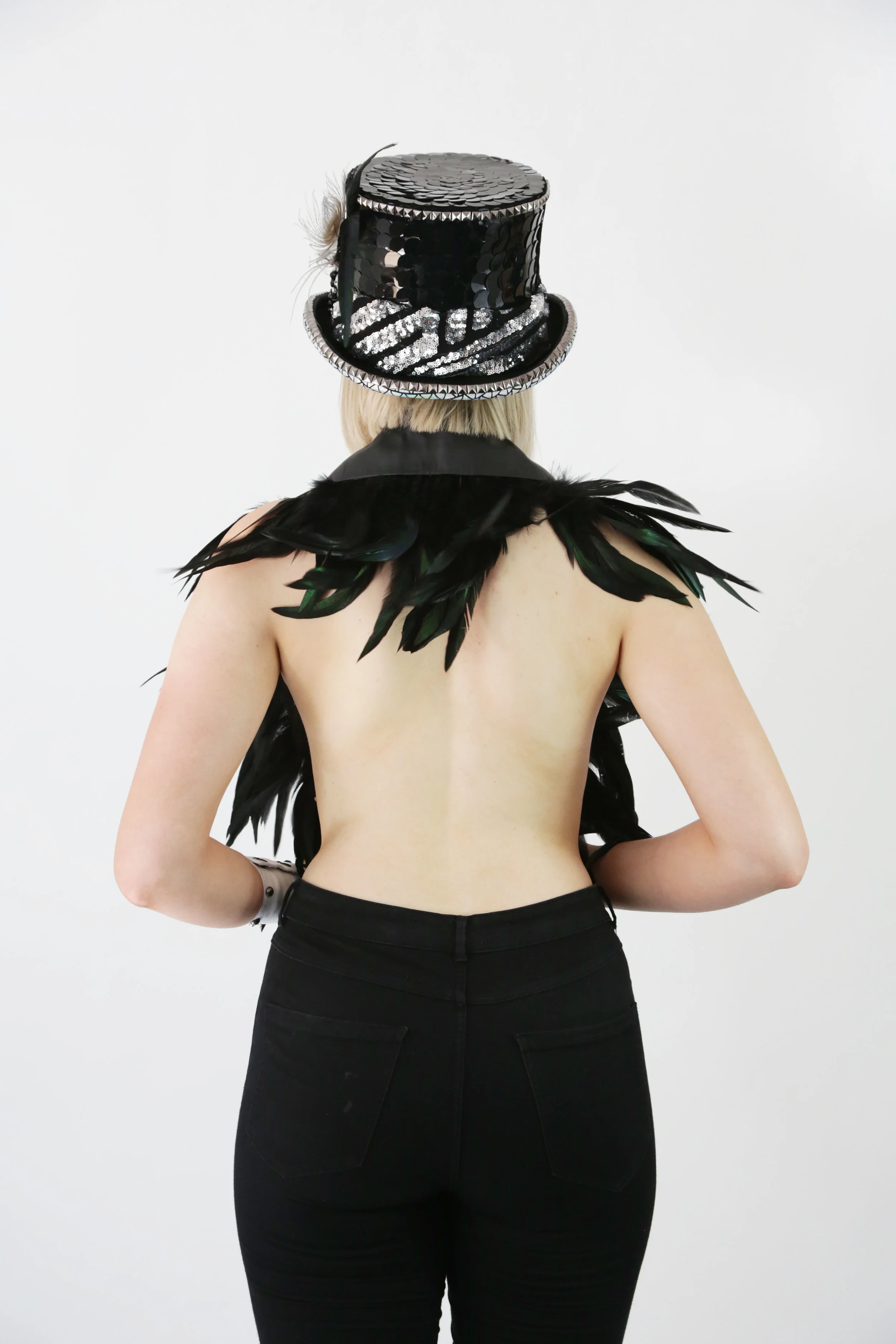 womens leather collar with feathers, festival top, scarf