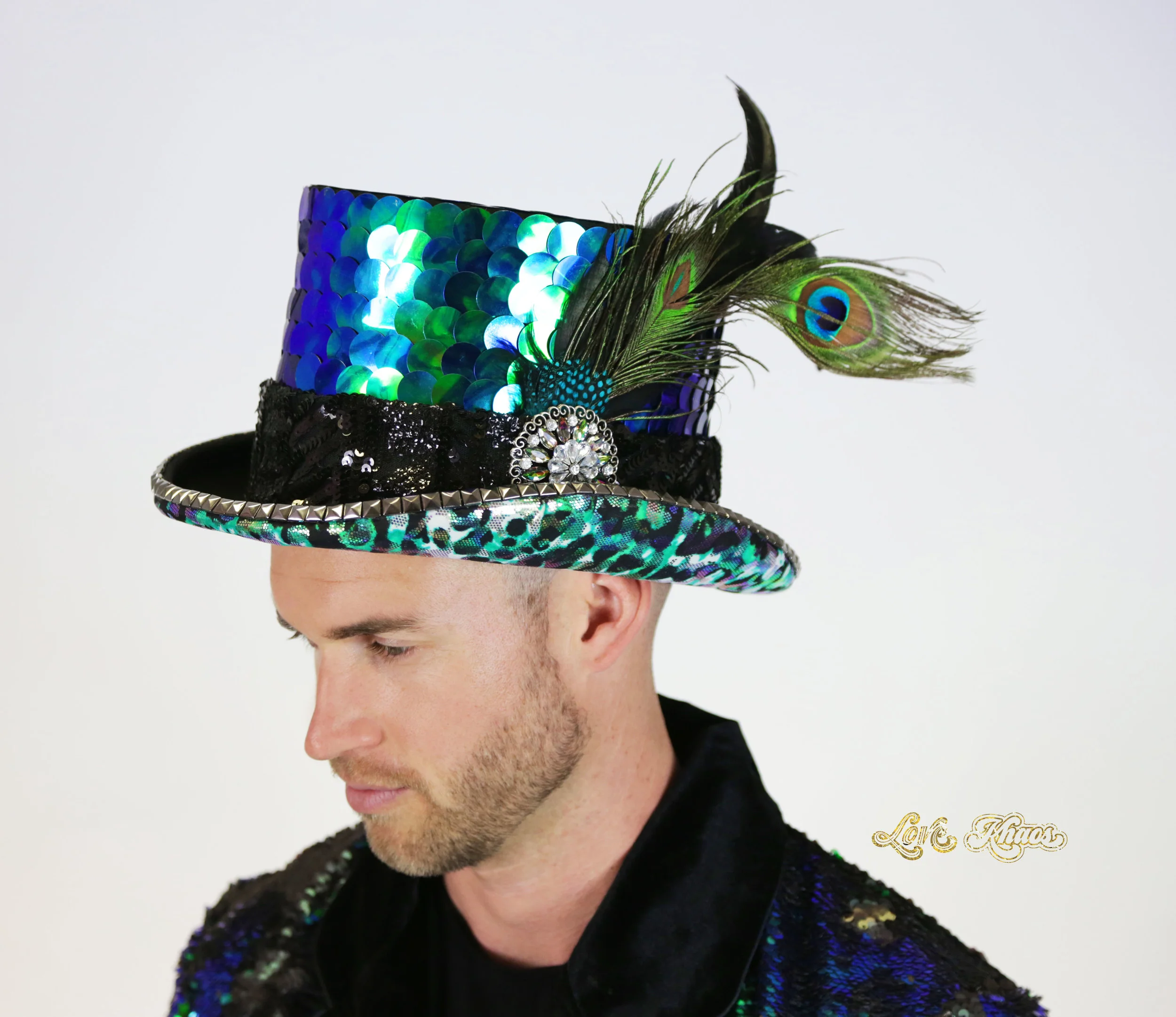 Iridescent green mad hatter style Top Hat with LED Lights