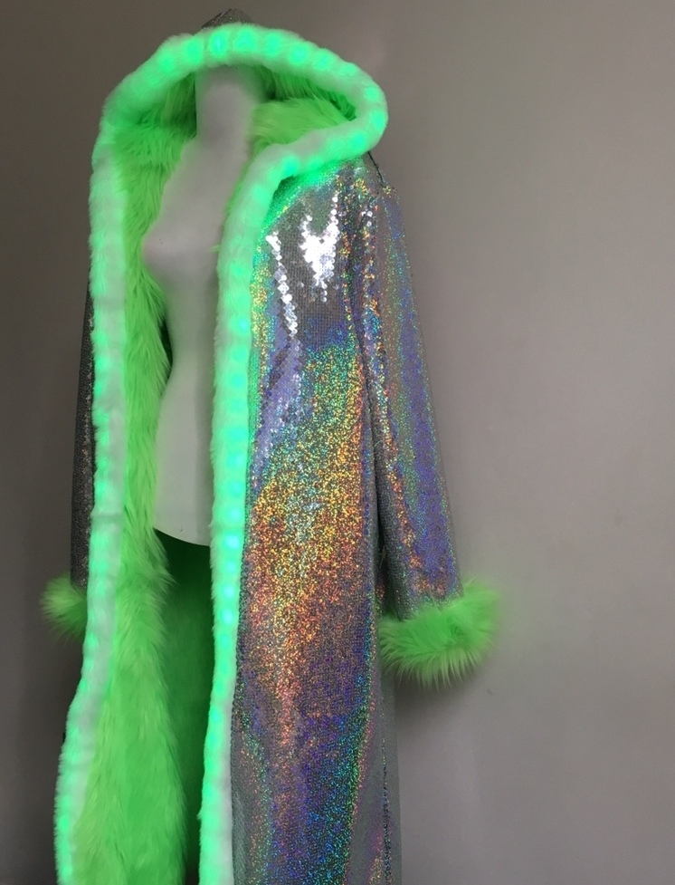 Holographic sequin and Faux Fur Hooded robe jackets with LED lights