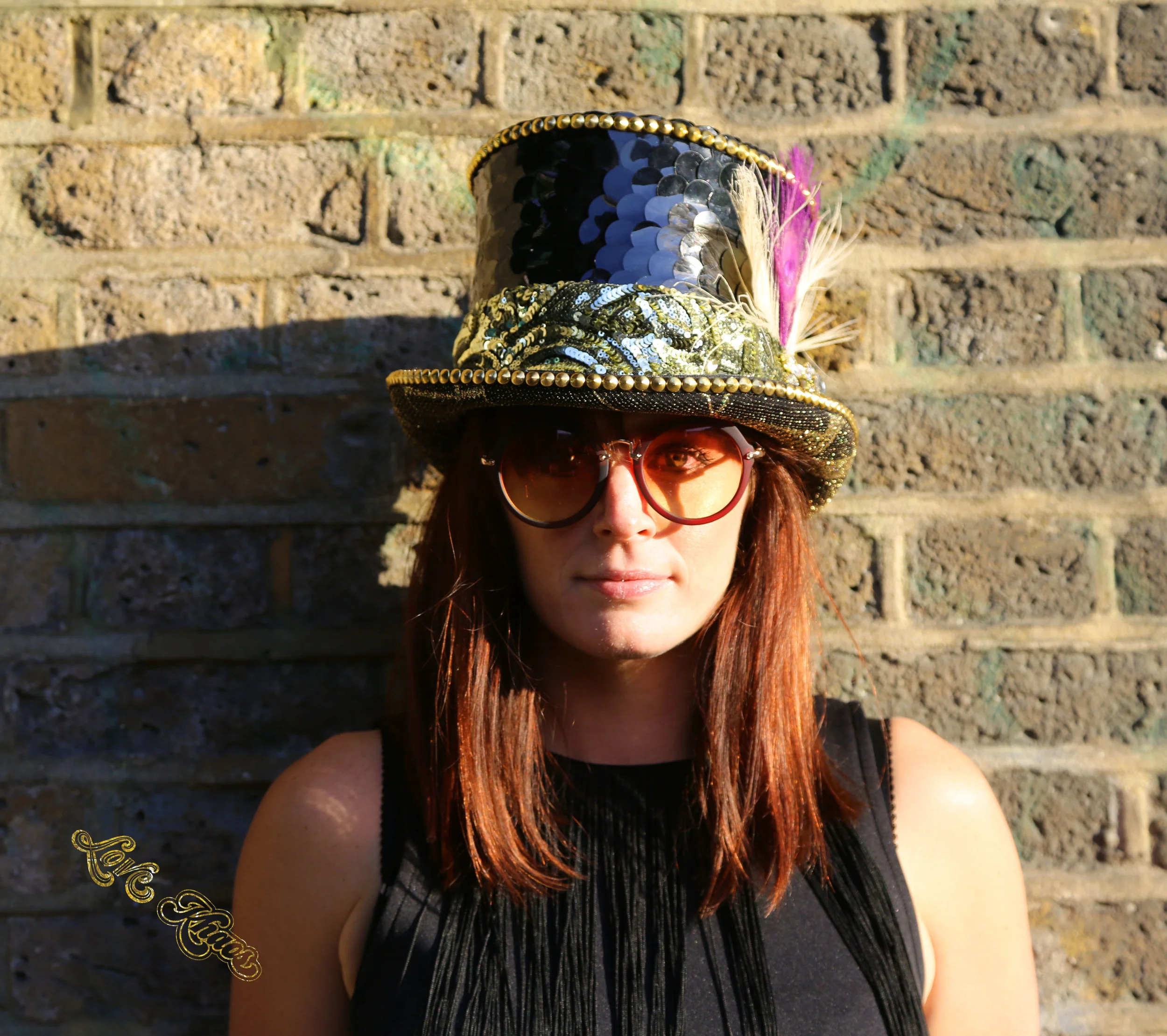 Black and gold sequin studded top hat for burning man