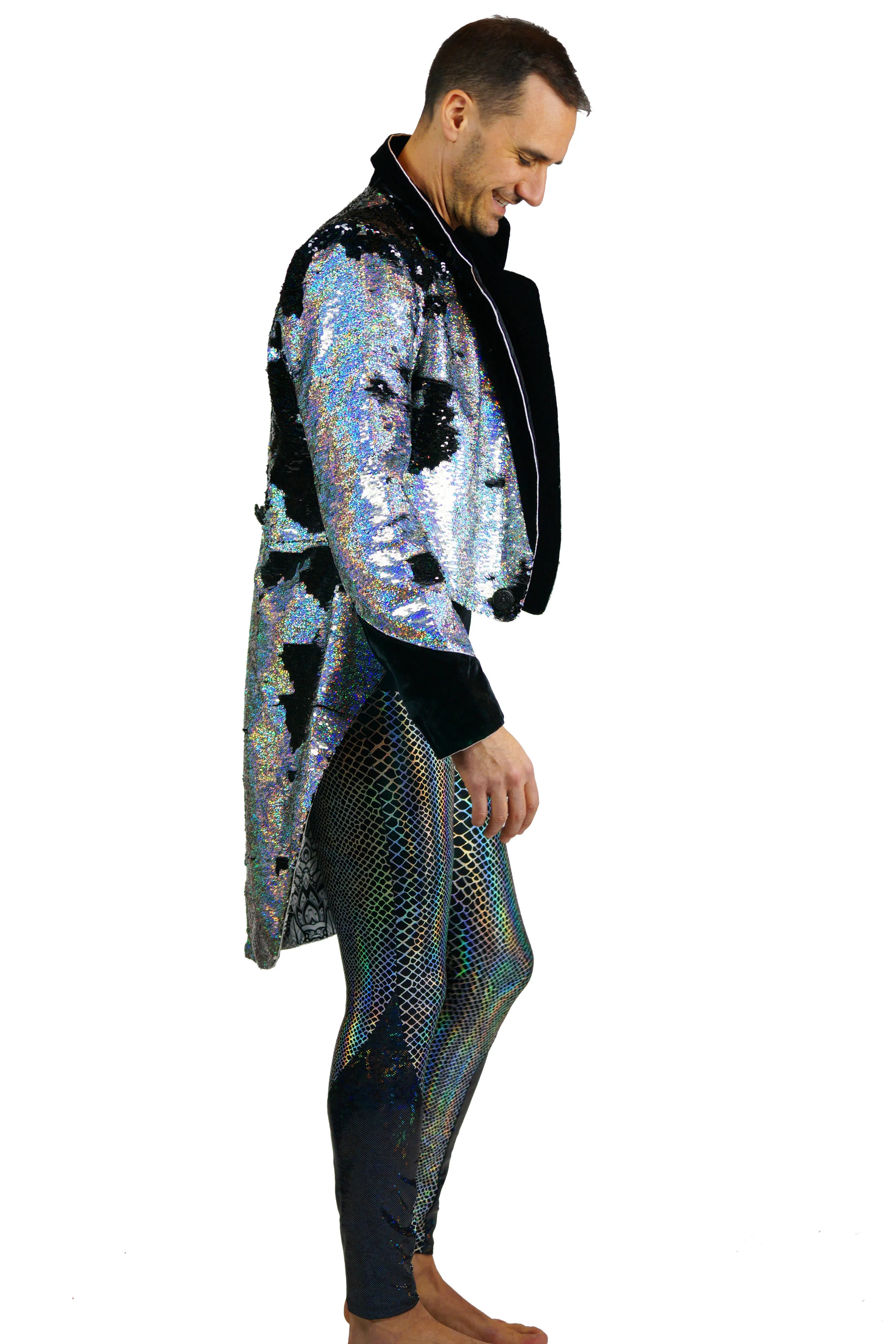 Mens Holographic sequin tail coat with velvet cuffs and lapels