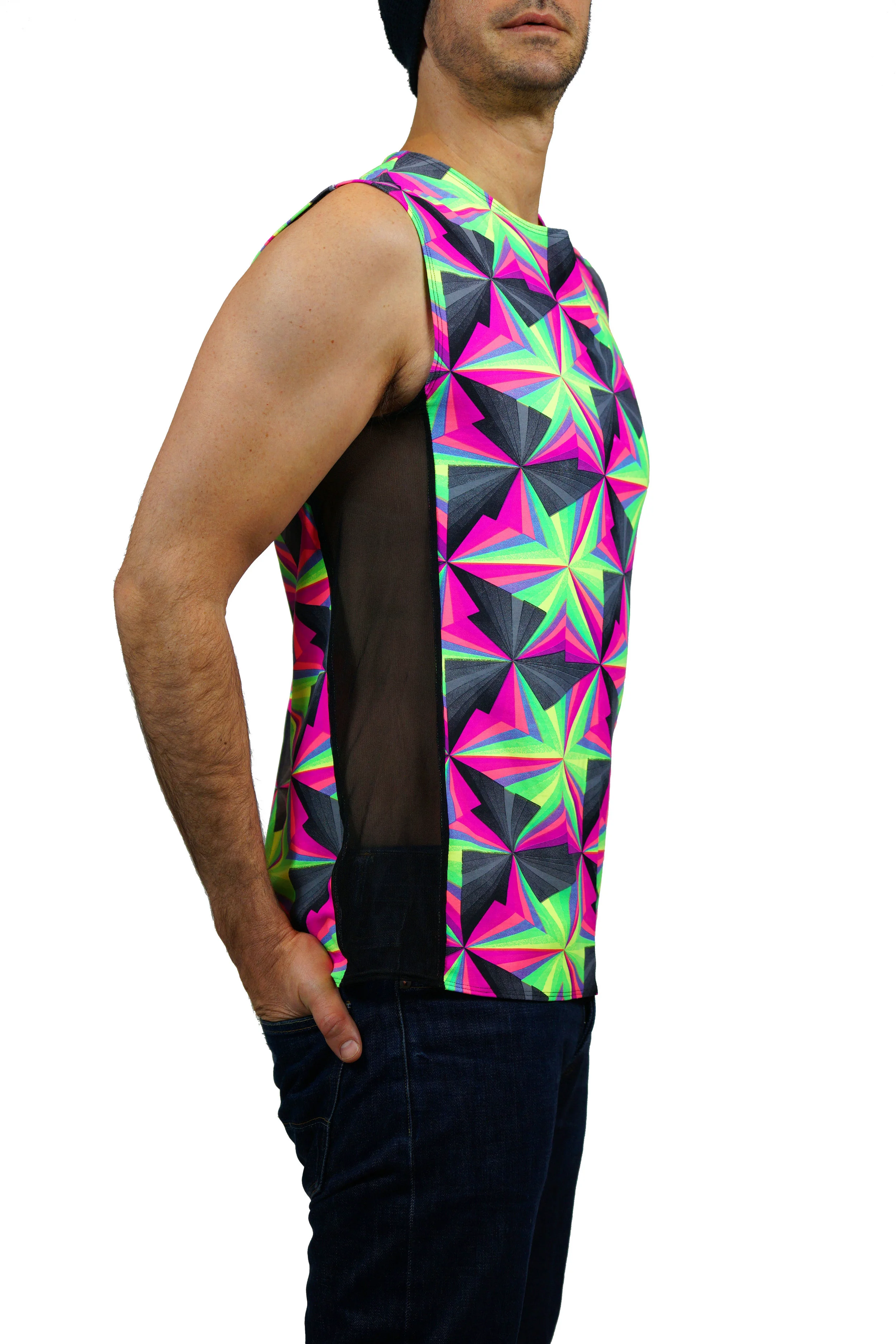 mens neon print rave tank top with mesh panel sides
