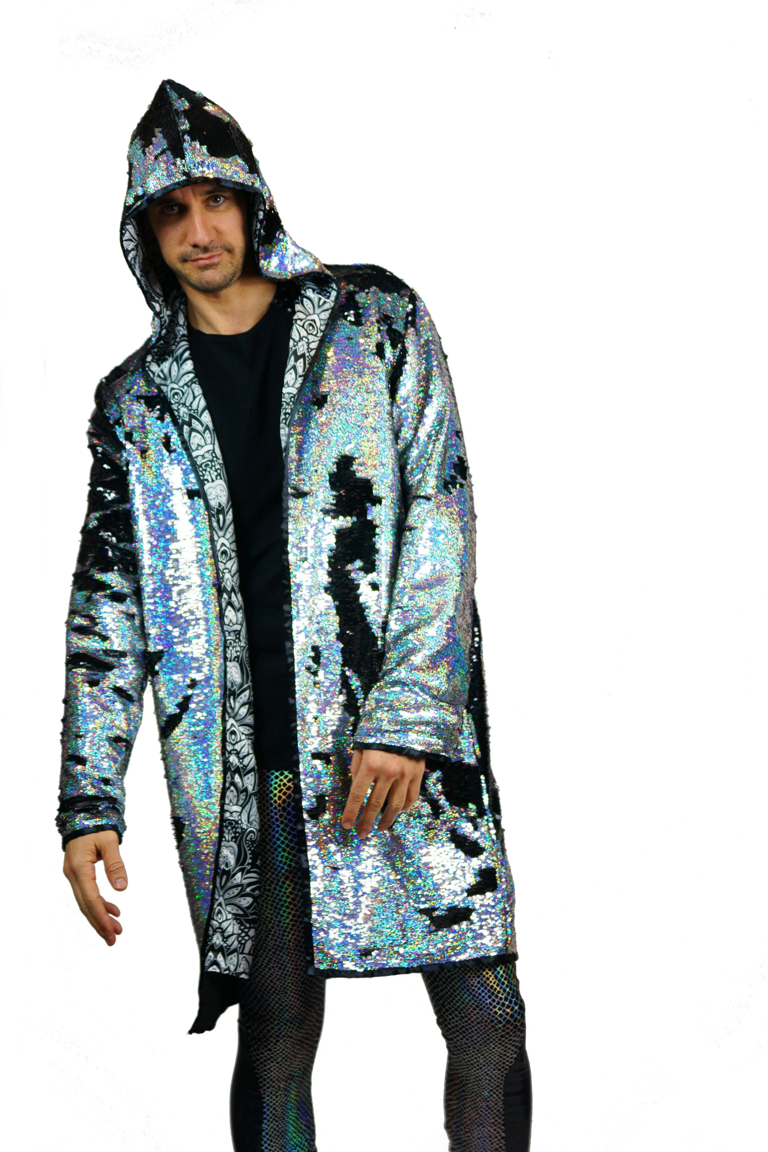 Mens Holographic silver hoodie coat festival jacket