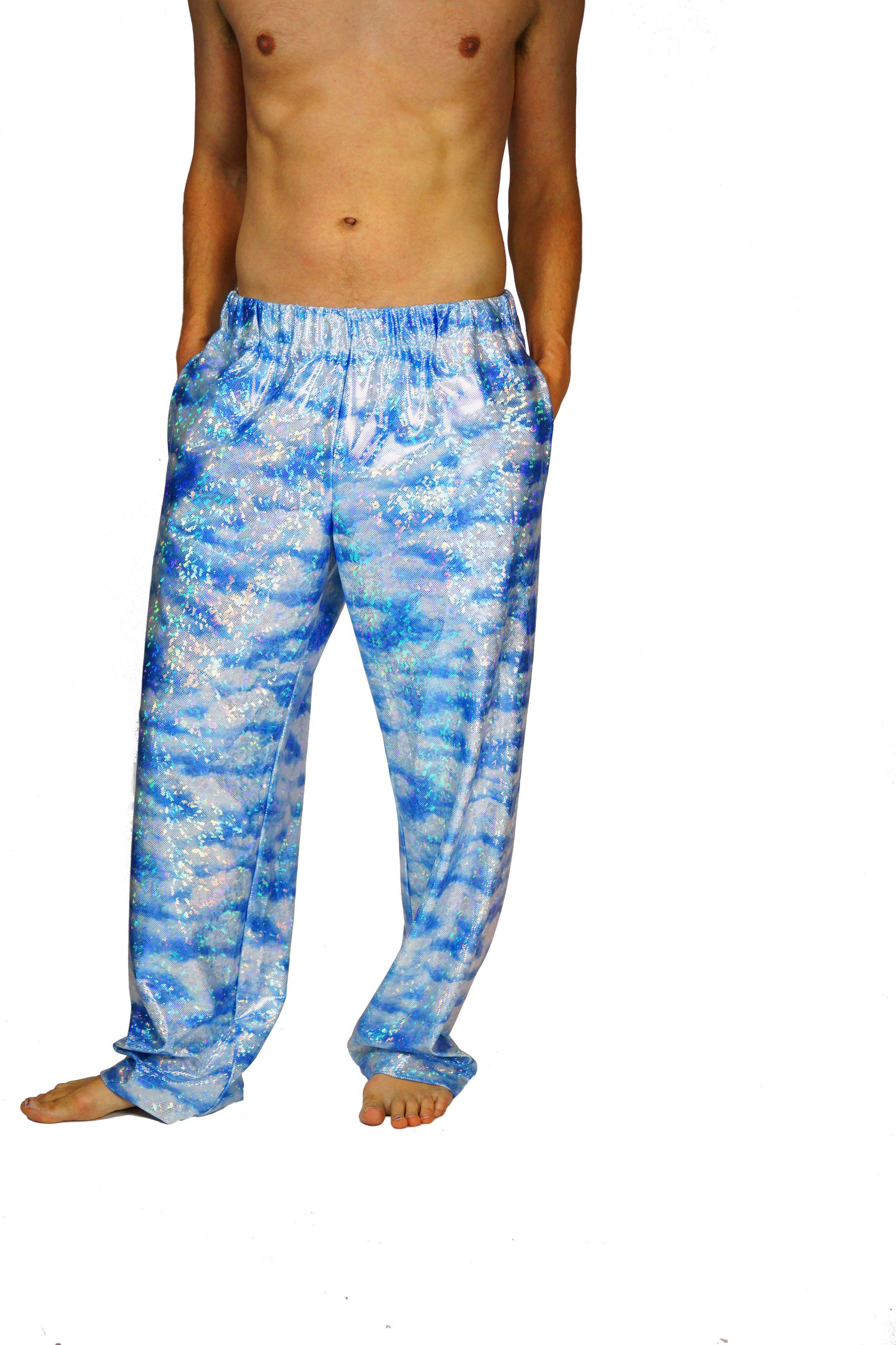 Mens holographic cloud print relaxed fit festival pants trousers