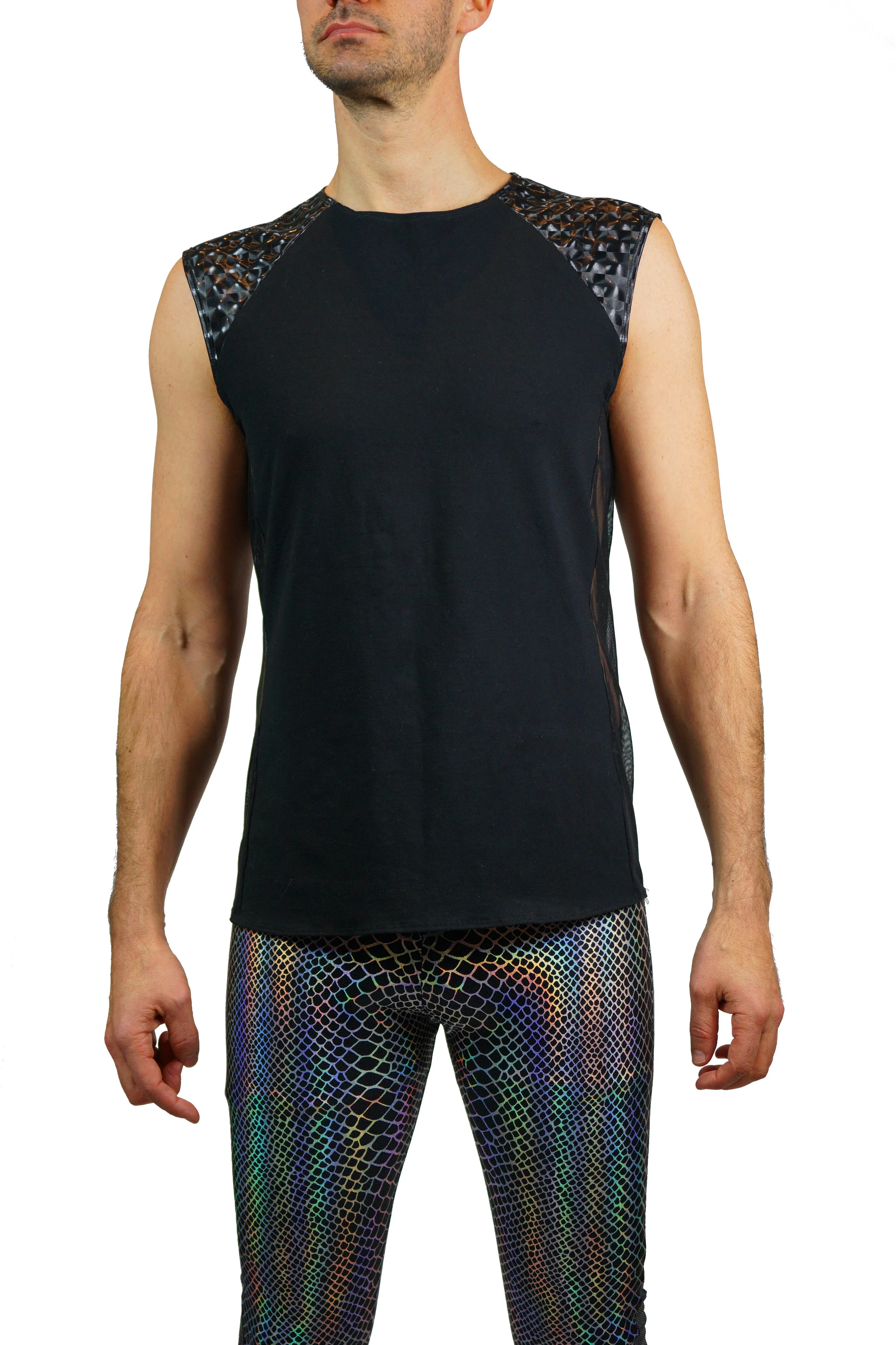 mens black festival muscle tank with holographic and mesh panels