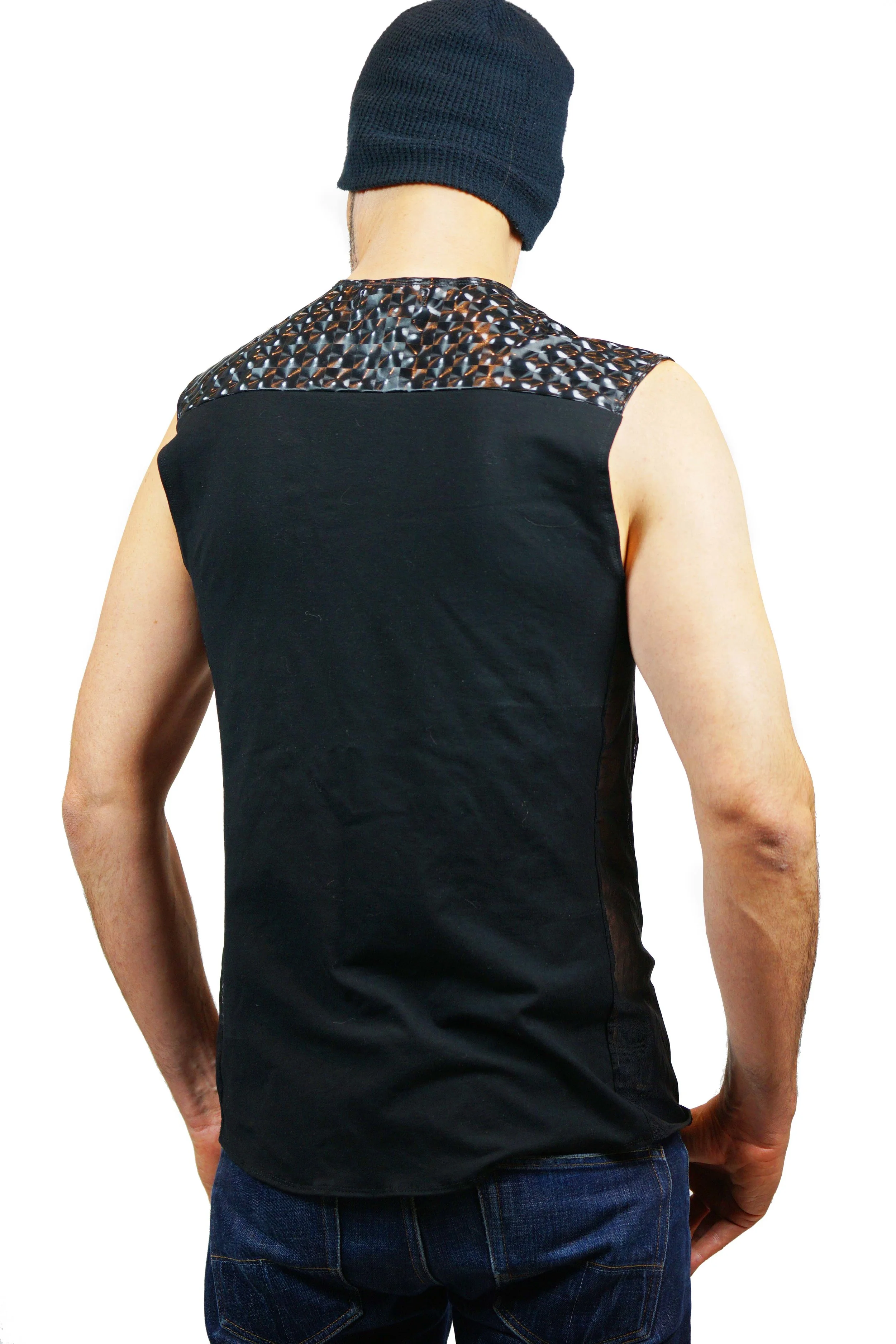 mens black cyberpunk tank with holographic shoulders