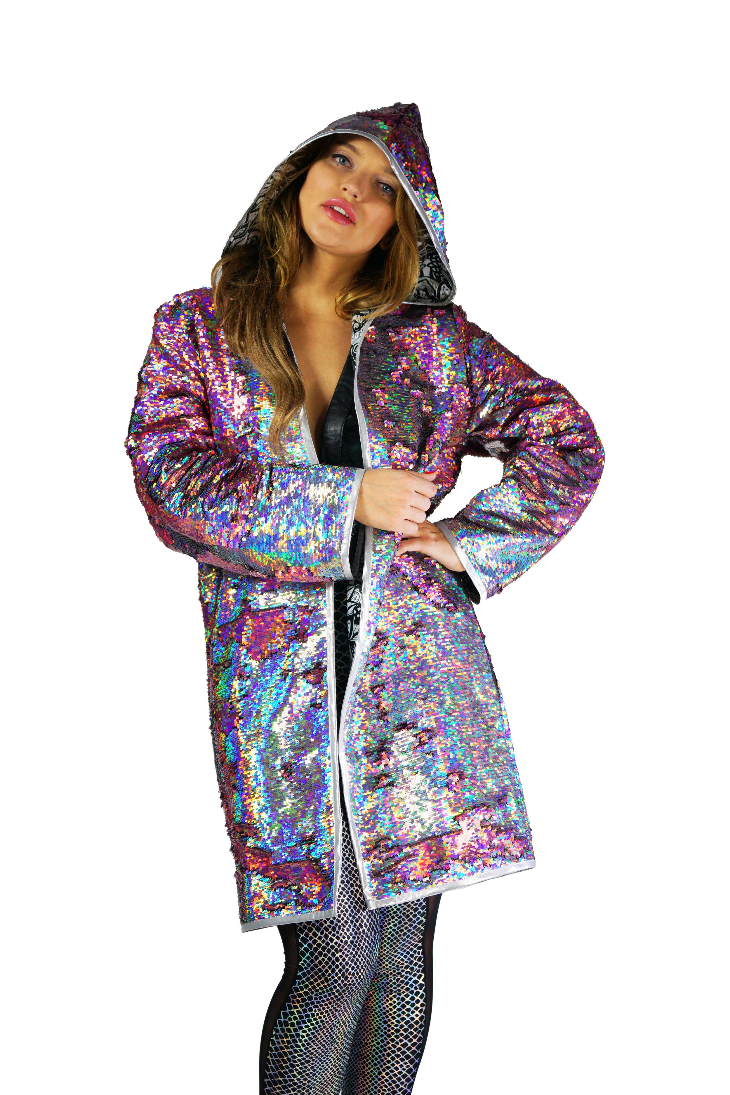 womens hooded holographic sequin coat