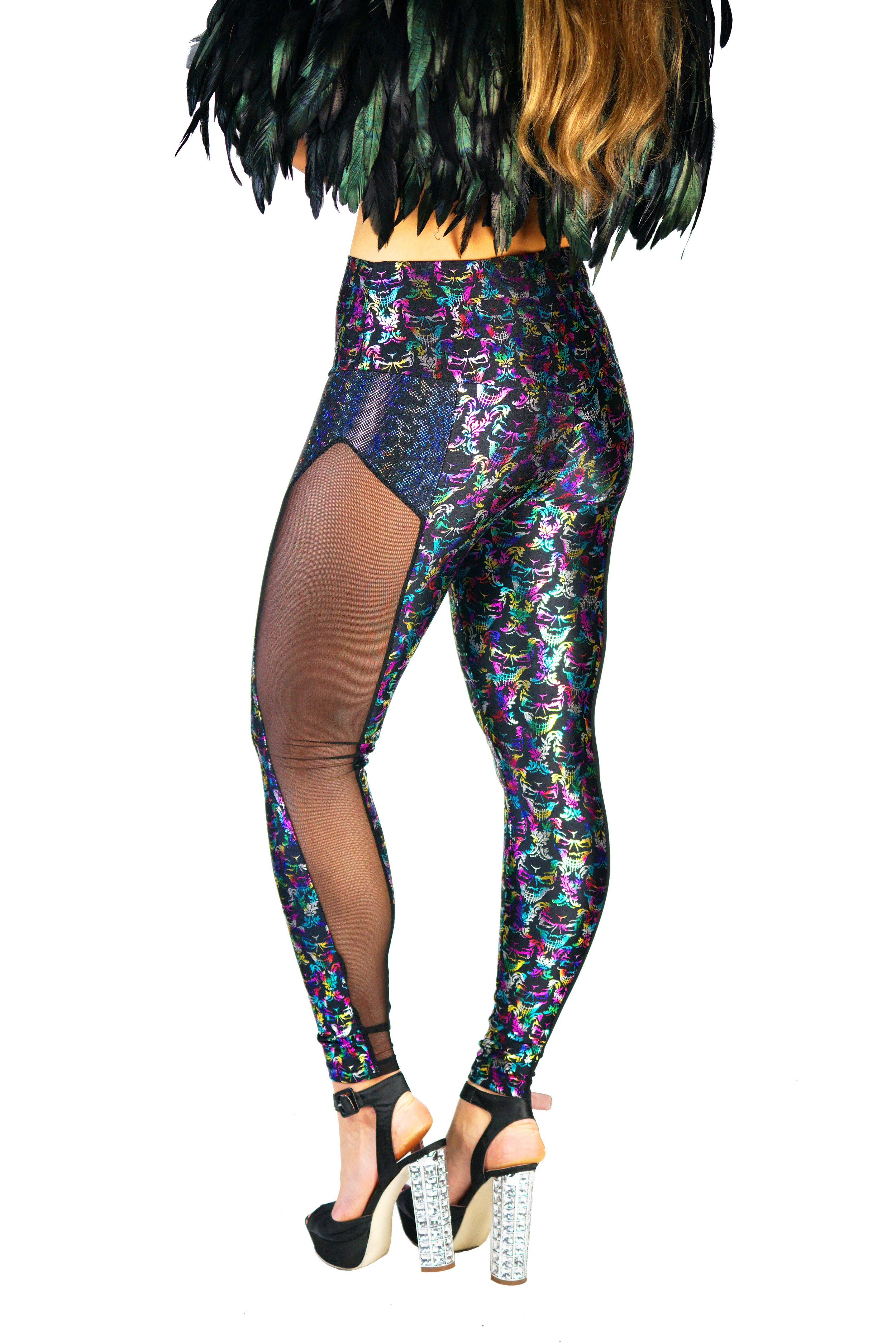 Womens high waisted candy skull leggings with metallic foil print, mesh side panels and hidden pockets
