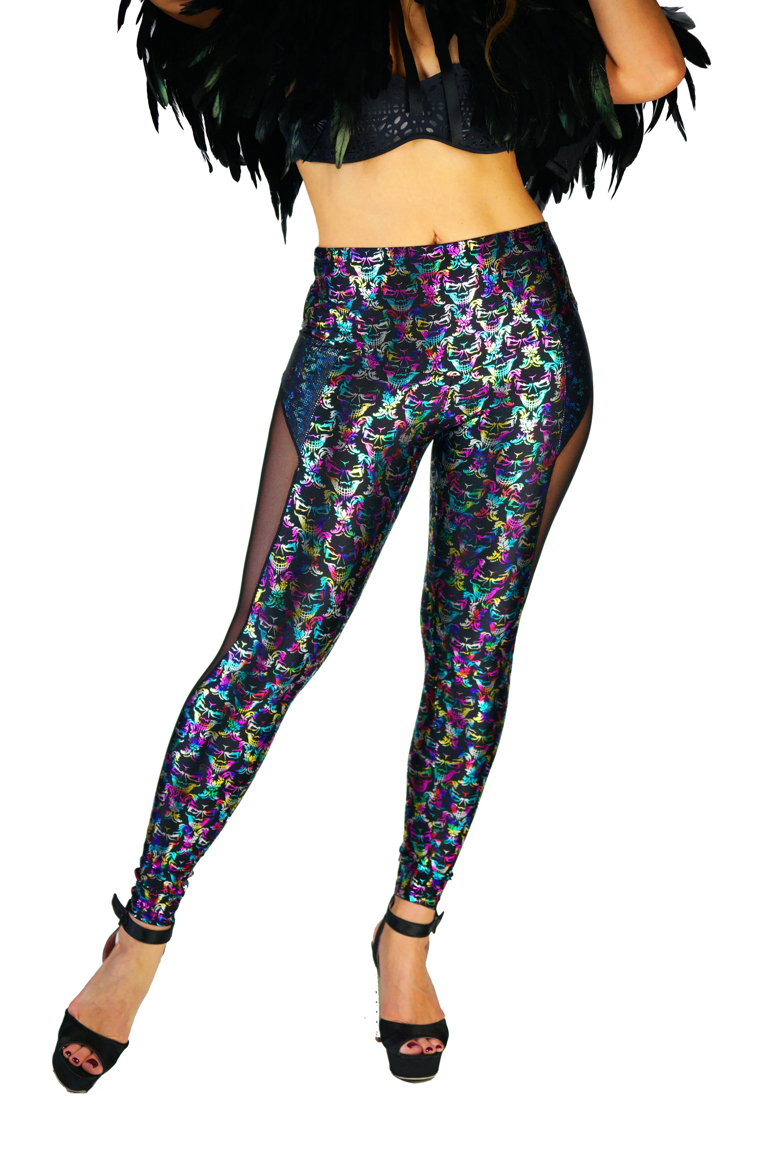 festival style high waisted candy skull leggings with metallic foil print, black mesh side panels and hidden pockets