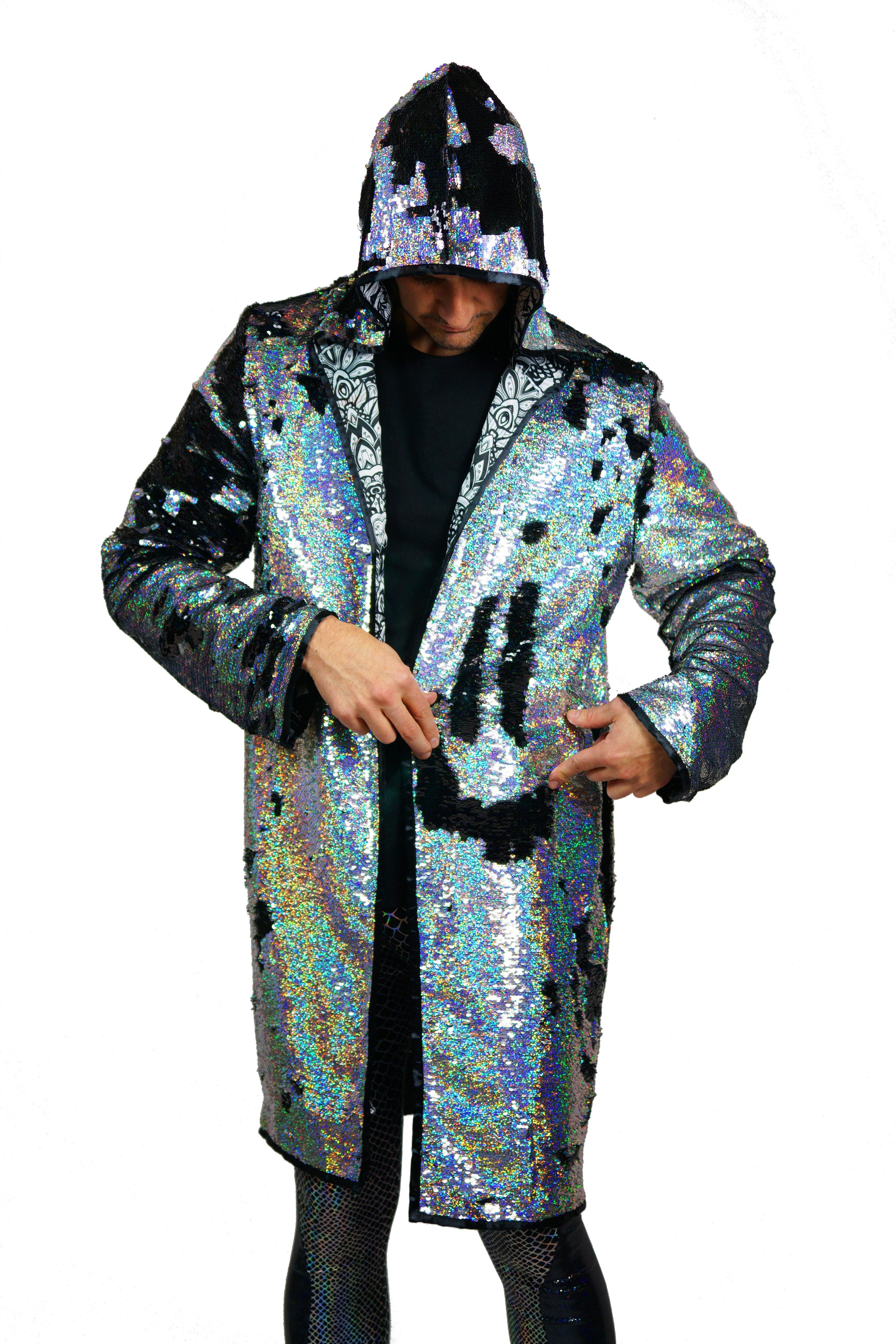 Mens Holographic silver sequin hooded festival jacket