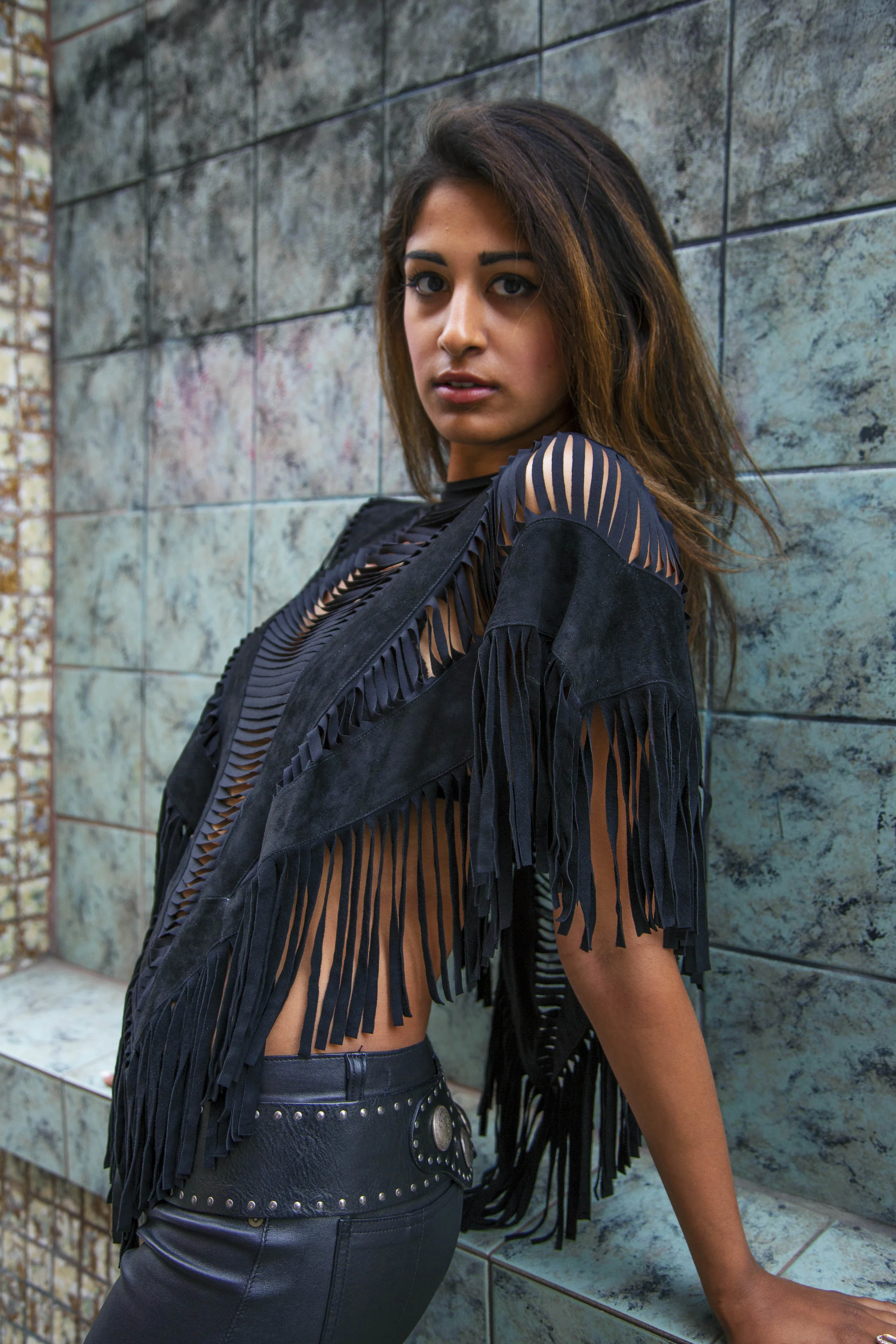 Boho chic Suede Leather Fringe Poncho with cut out slits and fringe, burning man festival style