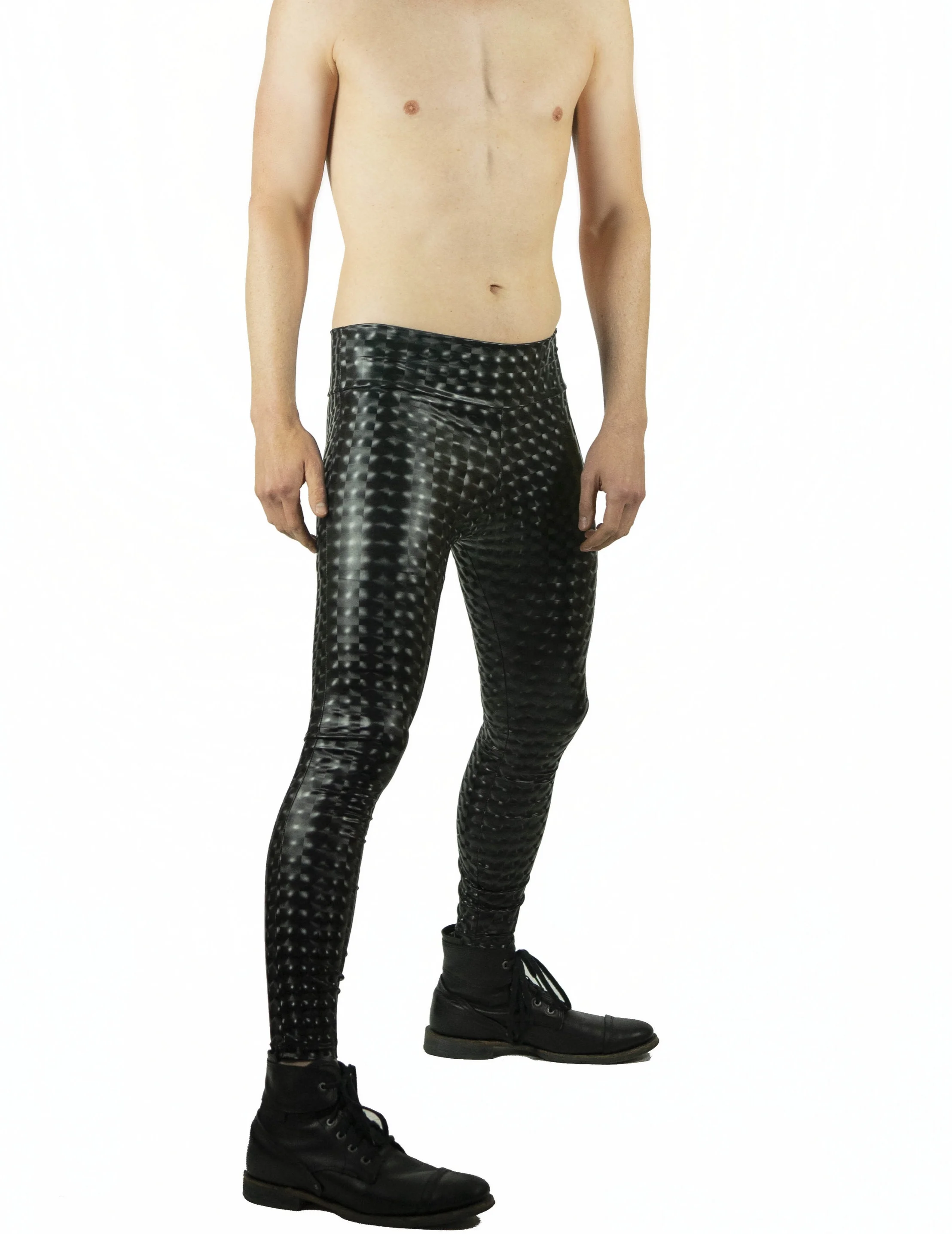 Mens Festival tights in holographic black vinyl with hidden pockets