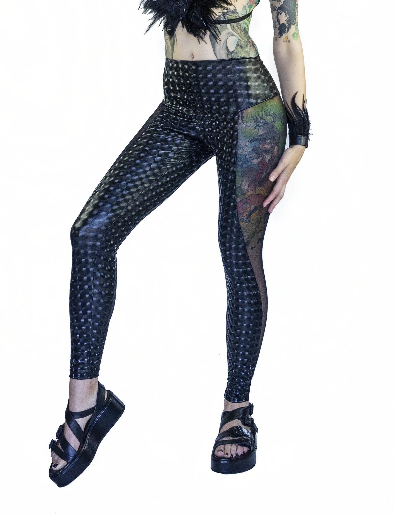 ladies Cyber punk holographic vinyl high waisted Rockstar festival Leggings with mesh panels and hidden pockets