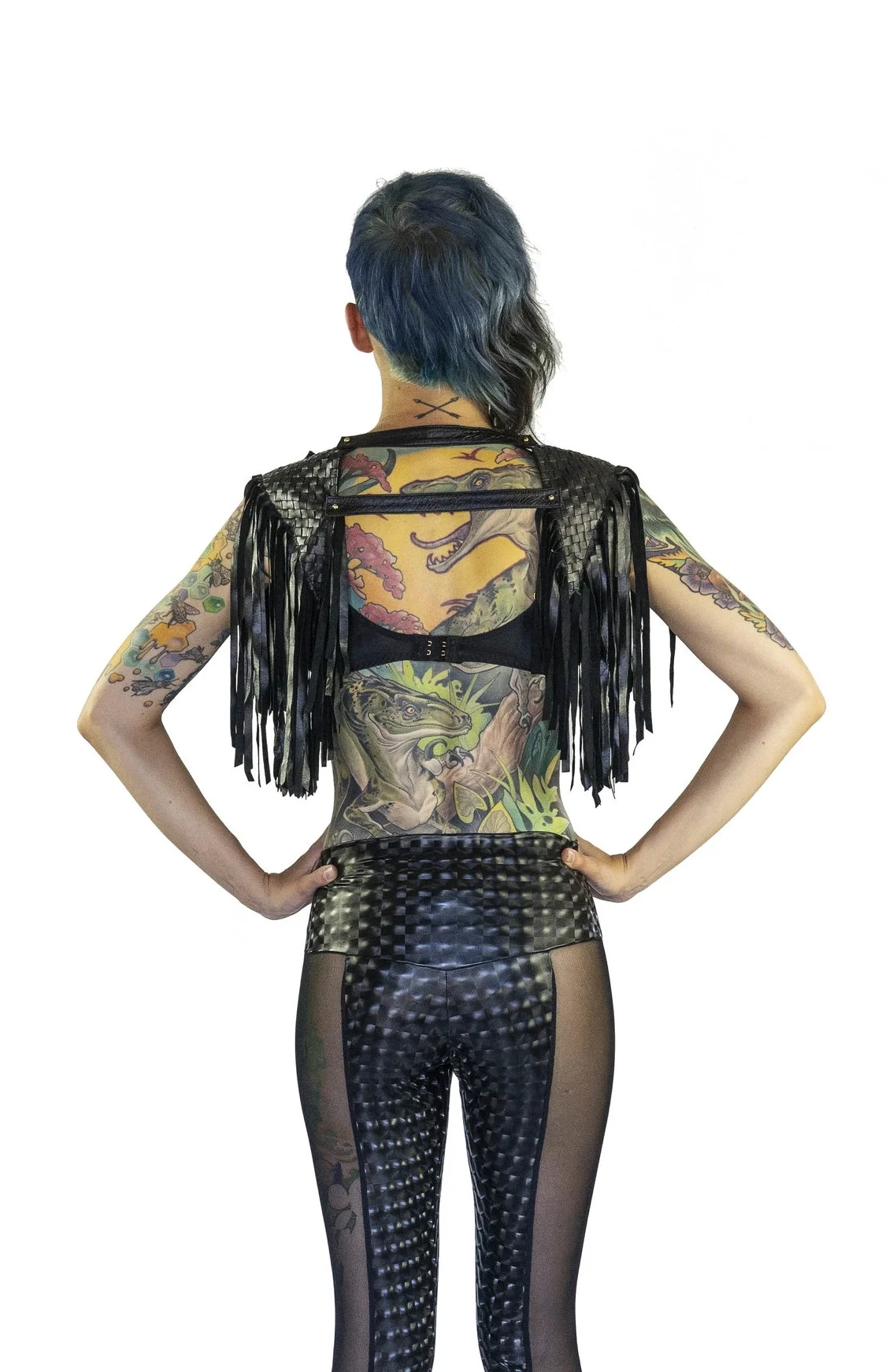 festival style black woven leather fringe epaulettes, shoulder jewelry