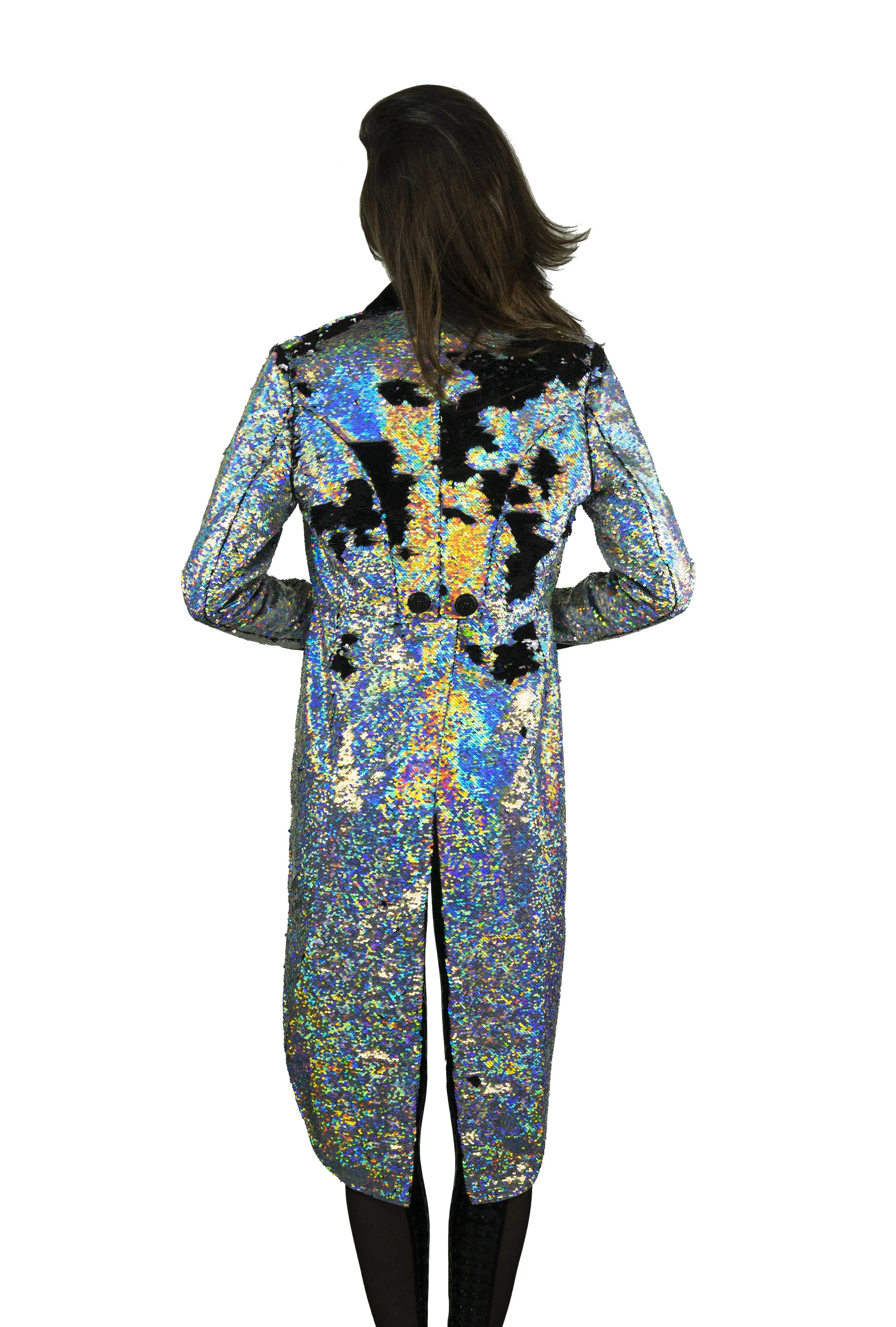 Womens holographic silver sequin tail coat