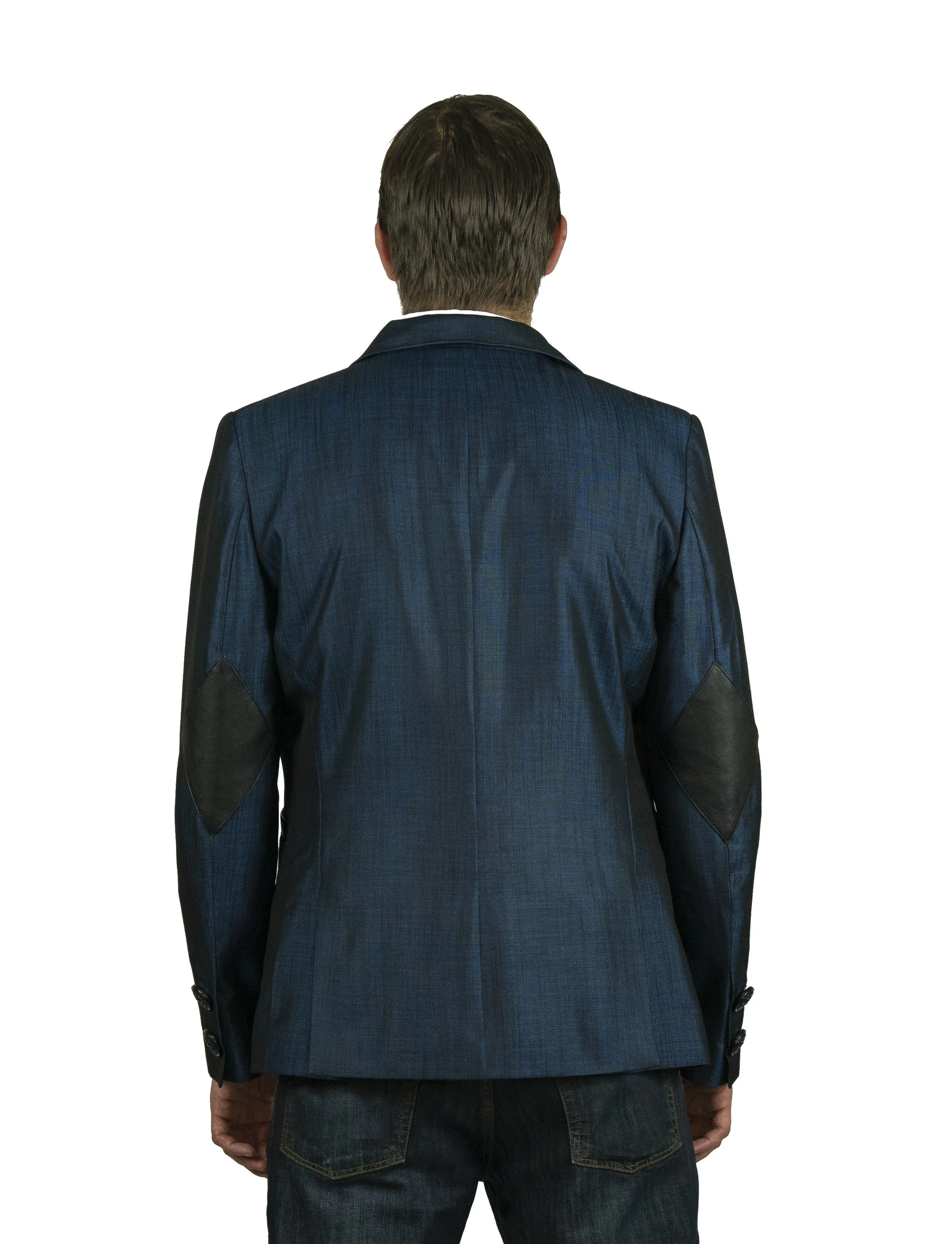 mens alternative style blue blazer with elbow pads and skull buttons