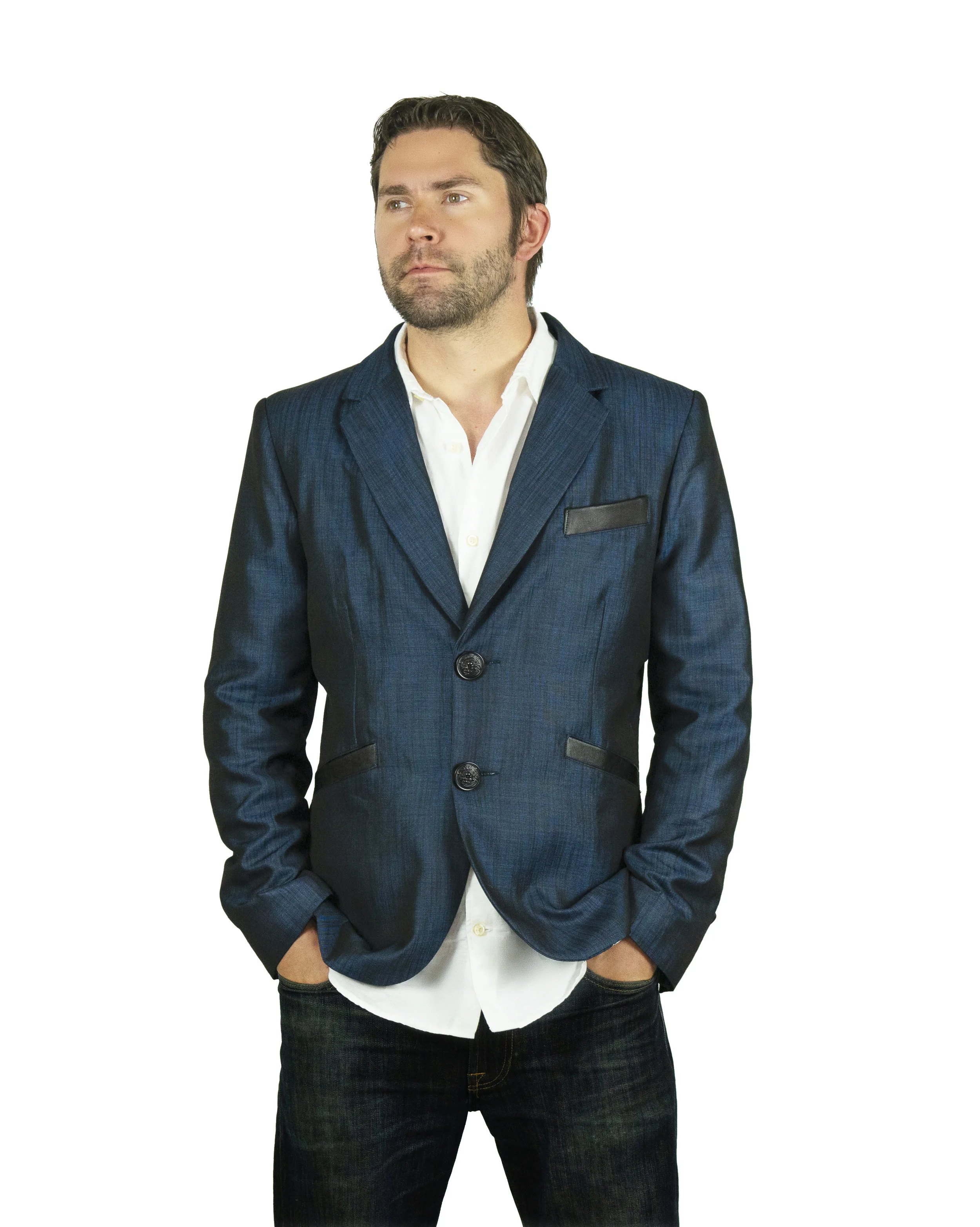 Mens smart shiny blue blazer with black leather elbow pads and big skull buttons