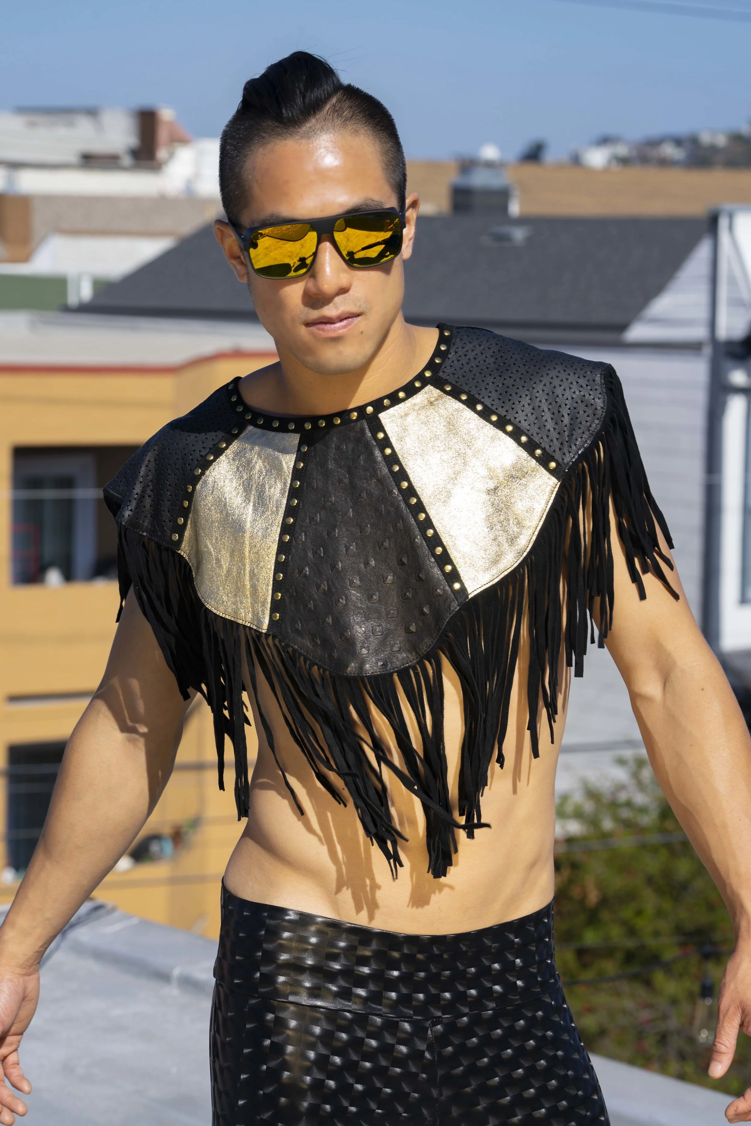 mens tribal festival fashion studded black and gold leather fringe top