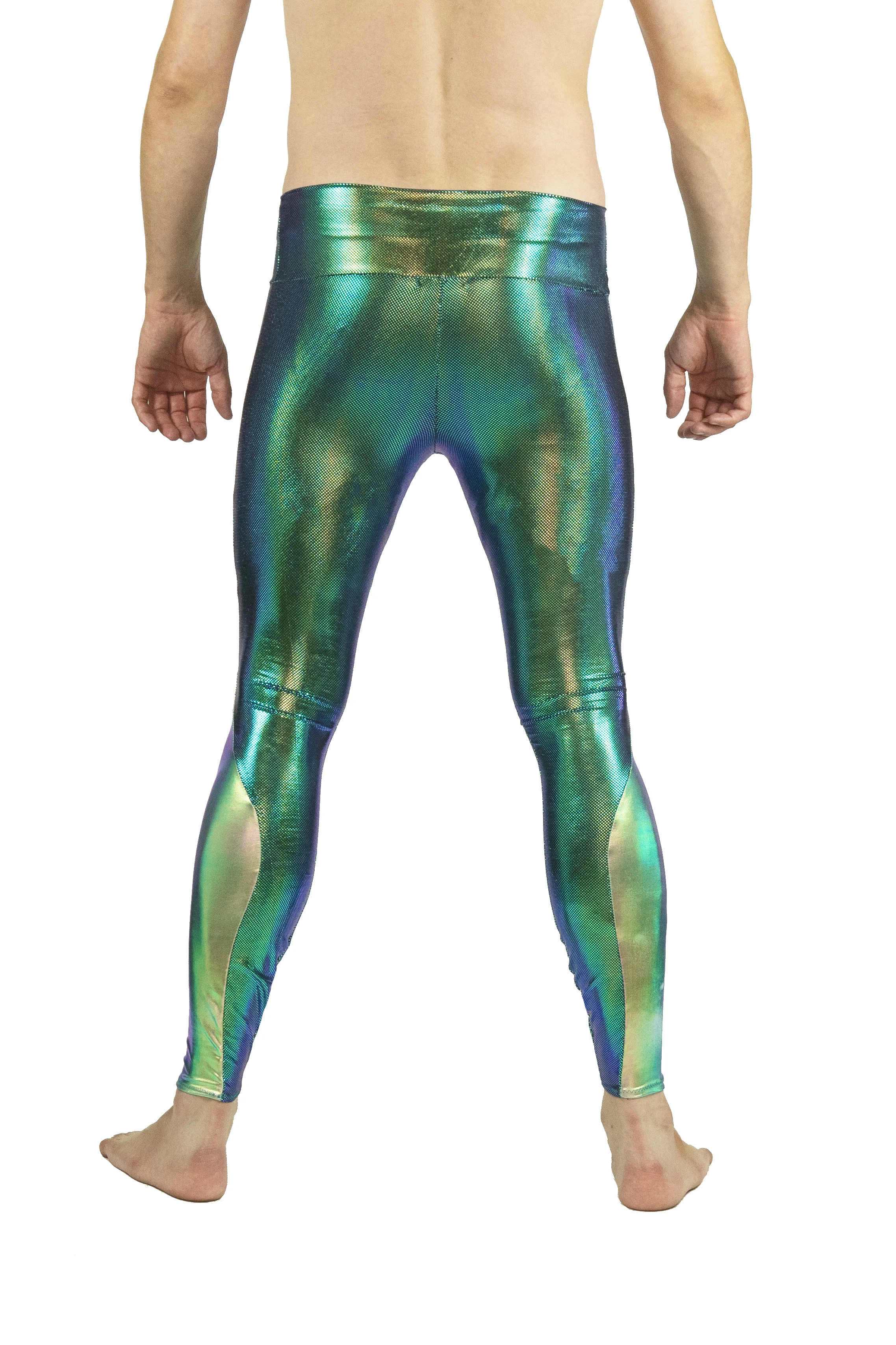 Mens festival Leggings in superman iridescent blue green stretch spandex with hidden pockets