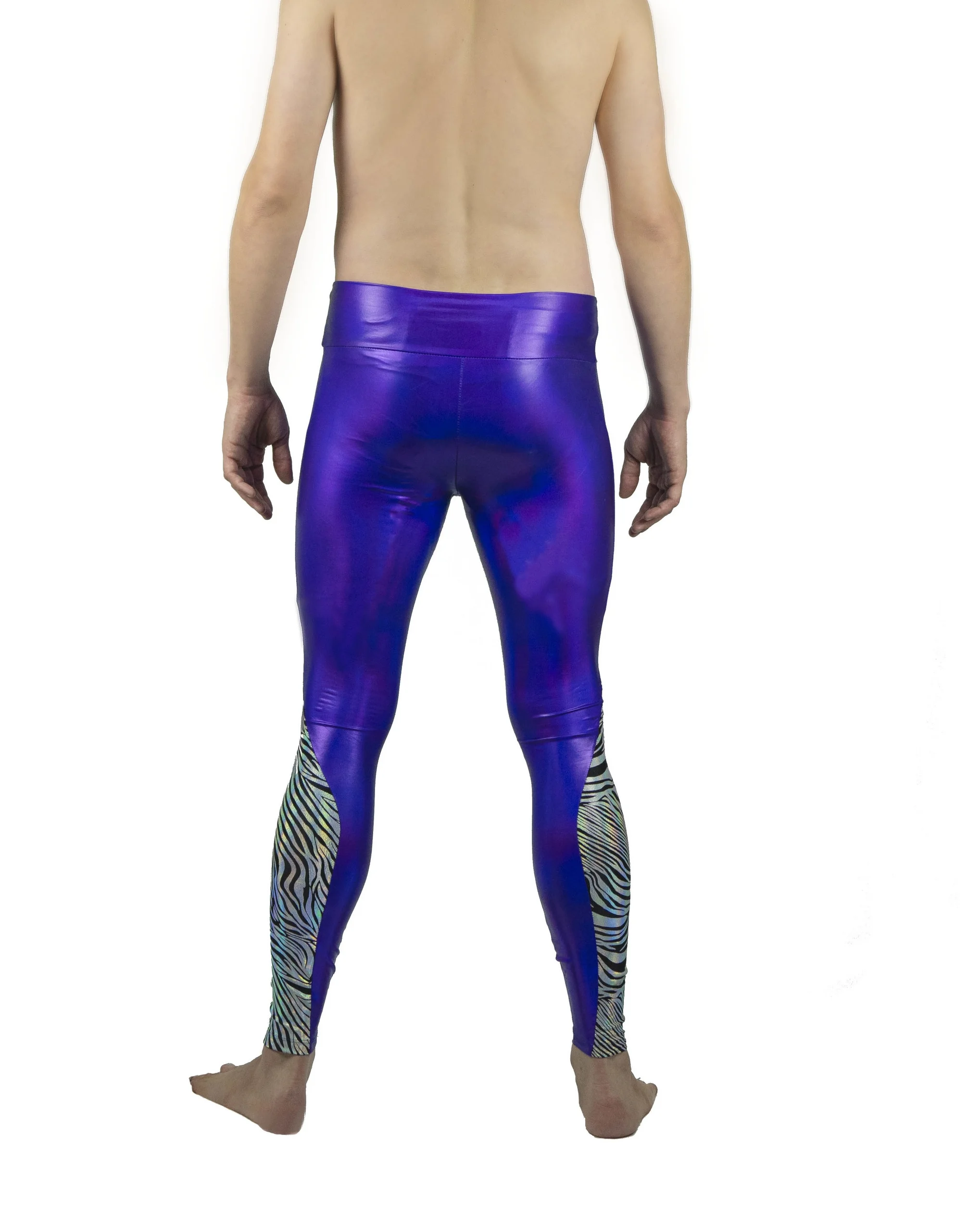 mens purple and holographic silver animal print festival tights for burning man