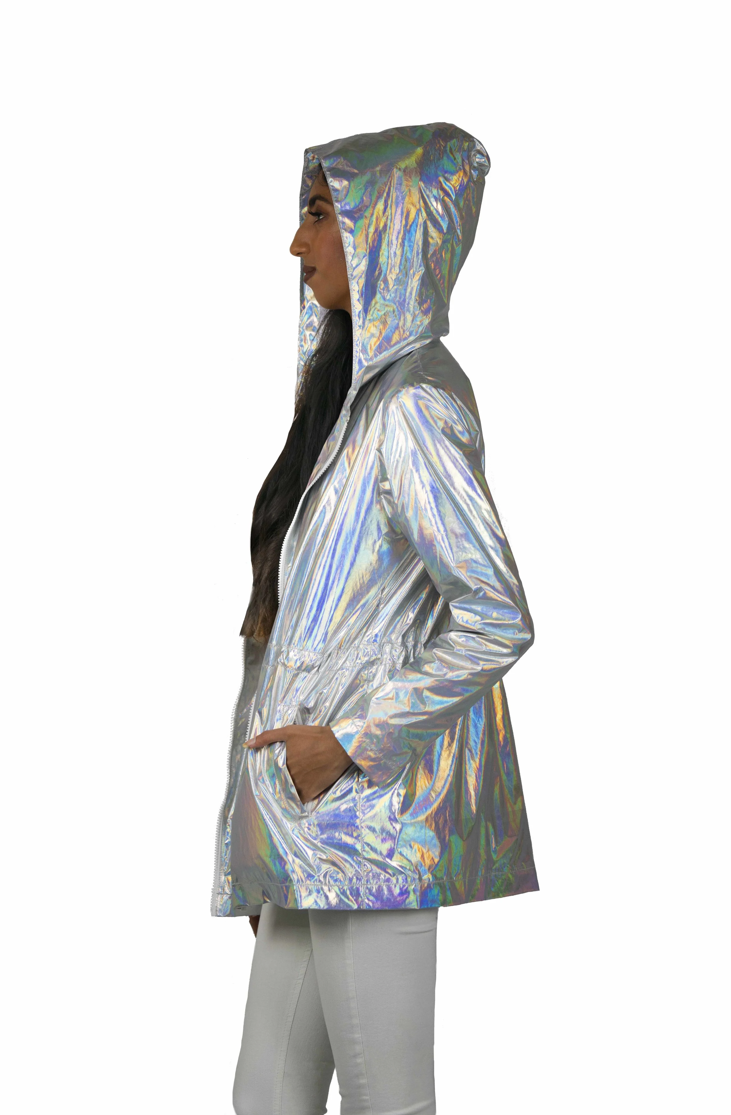 Womens Holographic Windbreaker Raincoat for Festivals