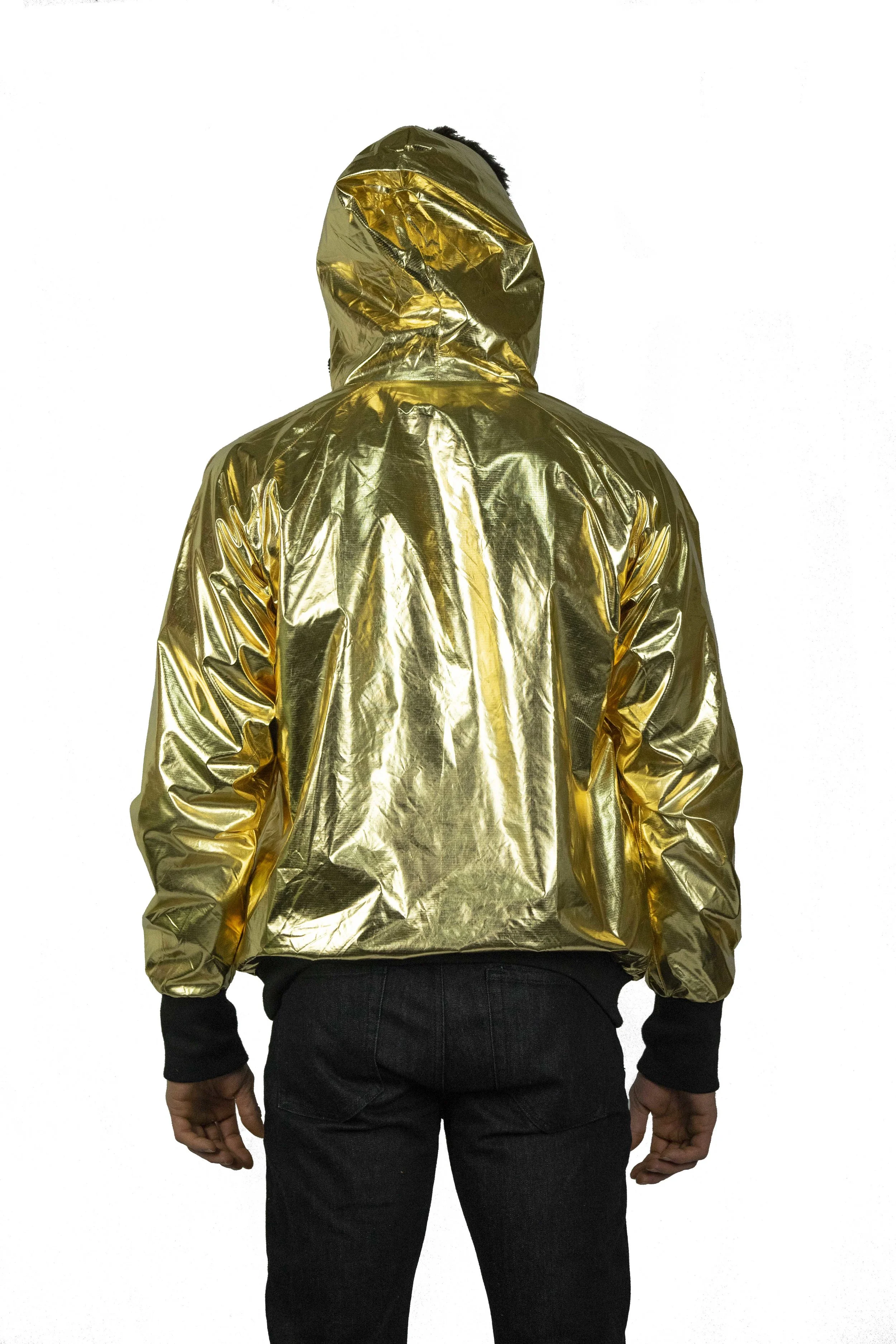 mens metallic gold windbreaker raincoat hoodie for festivals