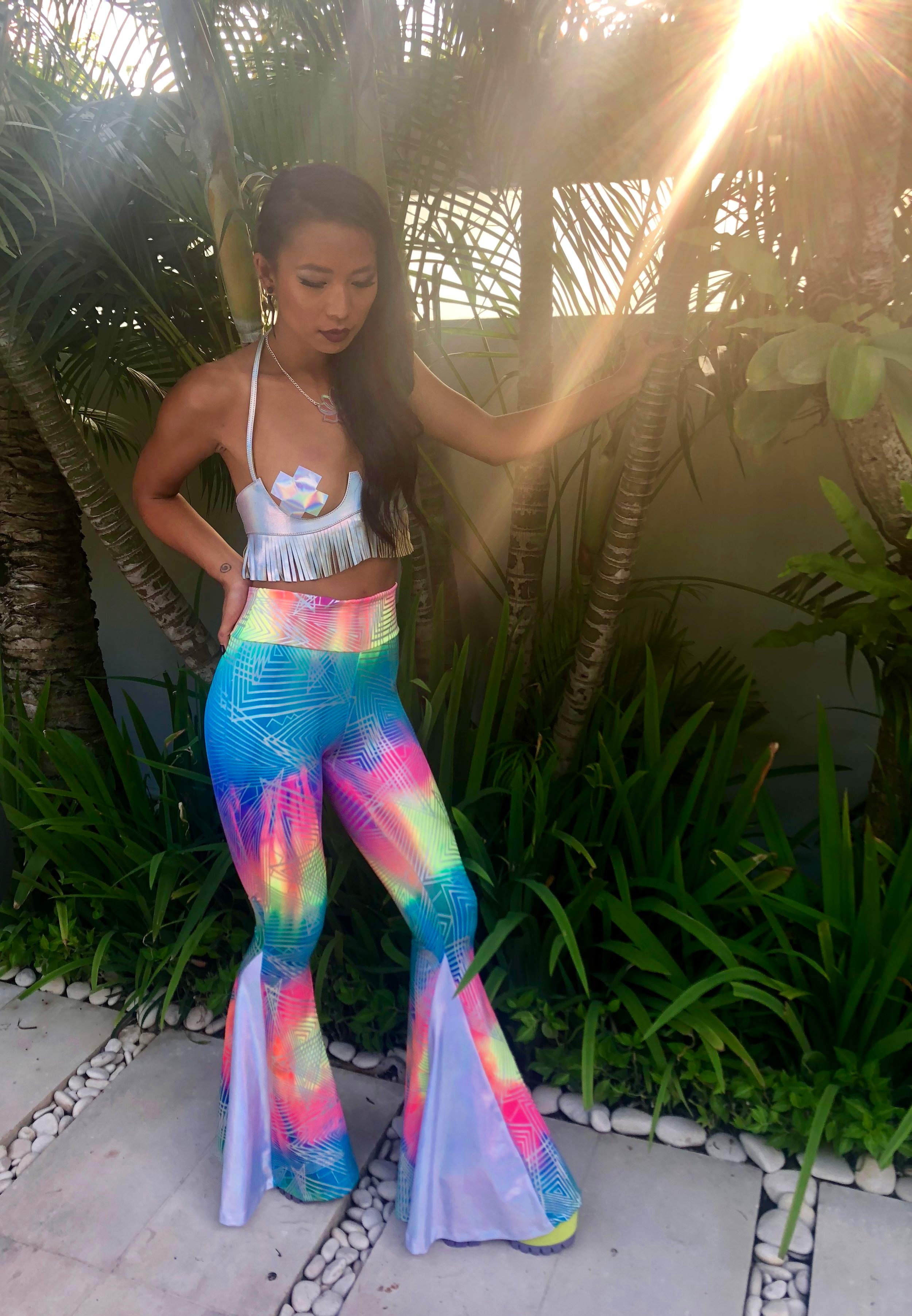 Holographic Rainbow Neon Bell Bottoms
