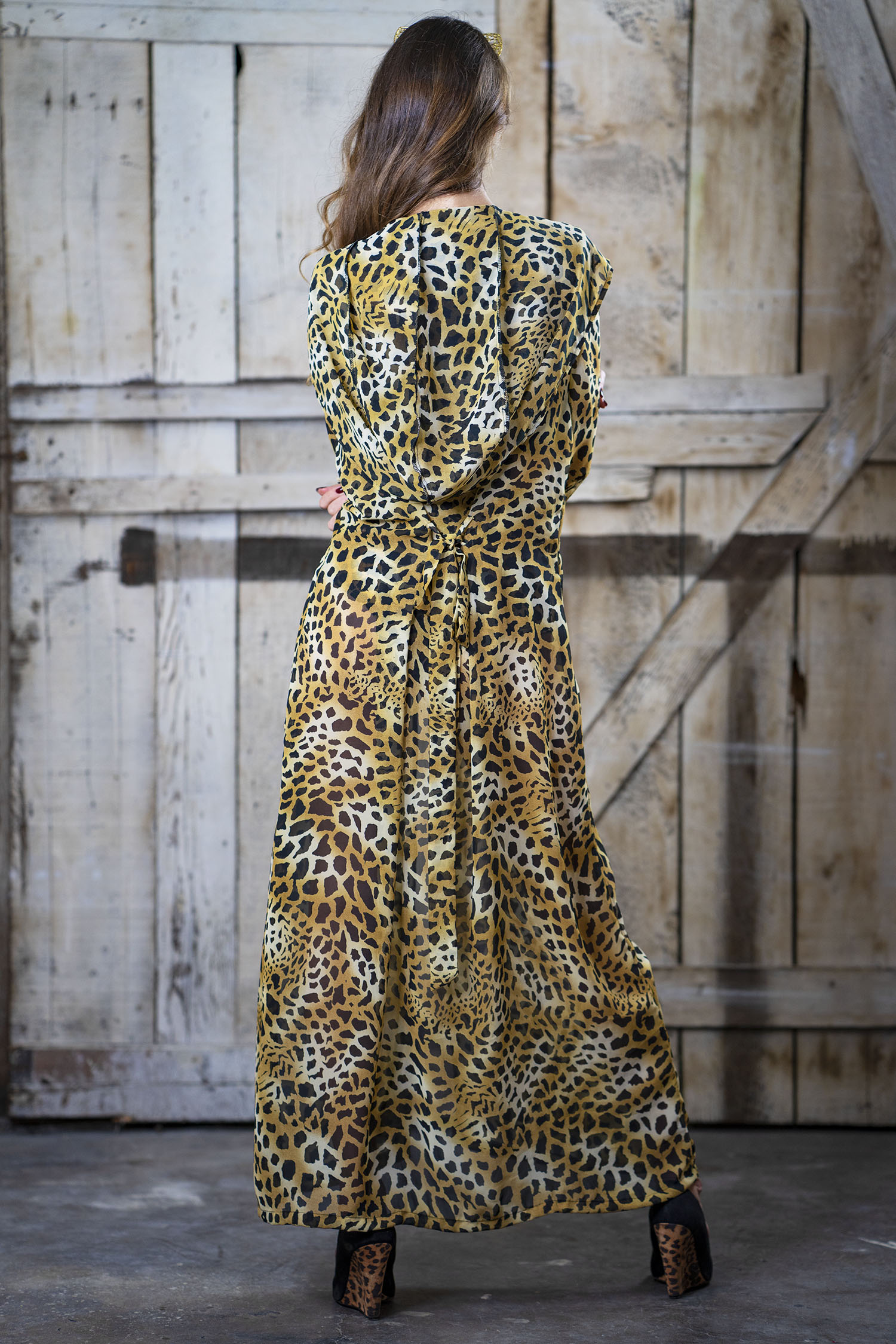 Love Khaos Boho Leopard print over coat open front cardigan style kimono robe with hood