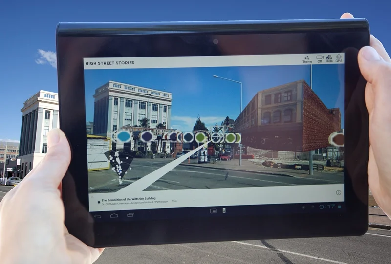 The High Street Stories Augmented Reality app. showing the geo-tagged stories. Credit: Heritage New Zealand. Photo: Guy Frederick