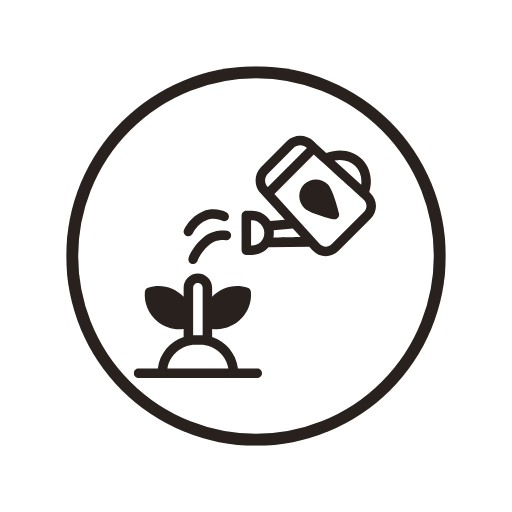 Icon of a watering can watering a sprout in a pot inside a circle.